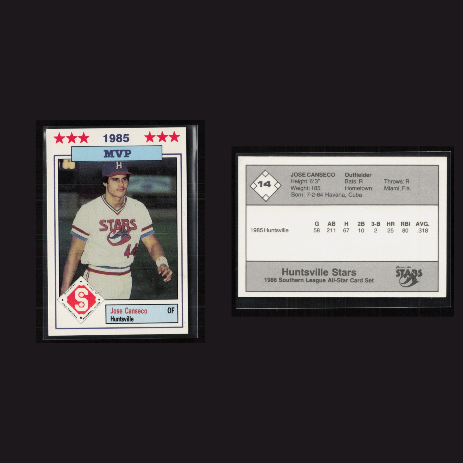 1986 Jose Canseco #14 NM-MT Southern League All-Star Huntsville Stars Baseball front and back scans. Card condition is Near Mint-Mint.