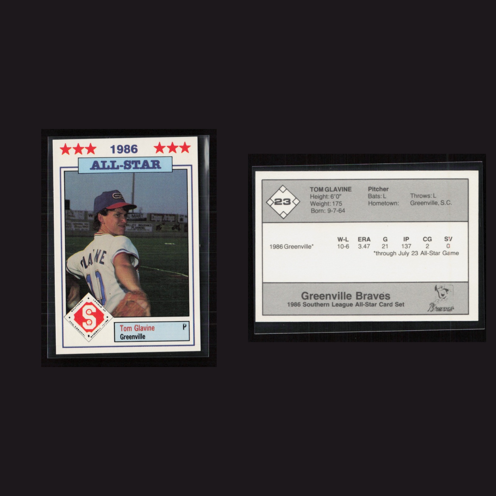 1986 Tom Glavine #23 NM-MT Southern League All-Star Greenville Braves Baseball front and back scans. Card condition is Near Mint-Mint.