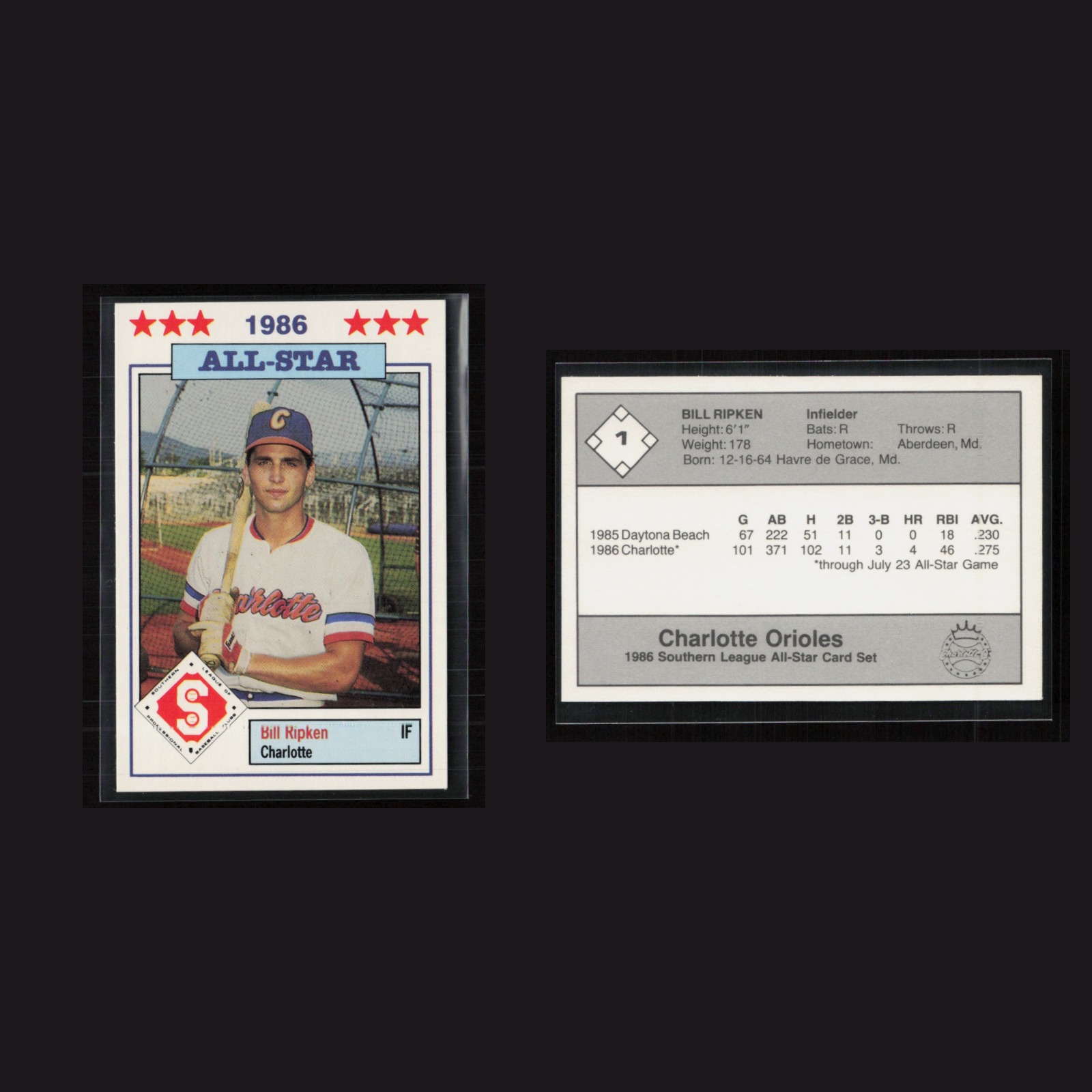 1986 Bill Ripken #1 NM-MT Southern League All-Star Charlotte Orioles Baseball front and back scans. Card condition is Near Mint-Mint.