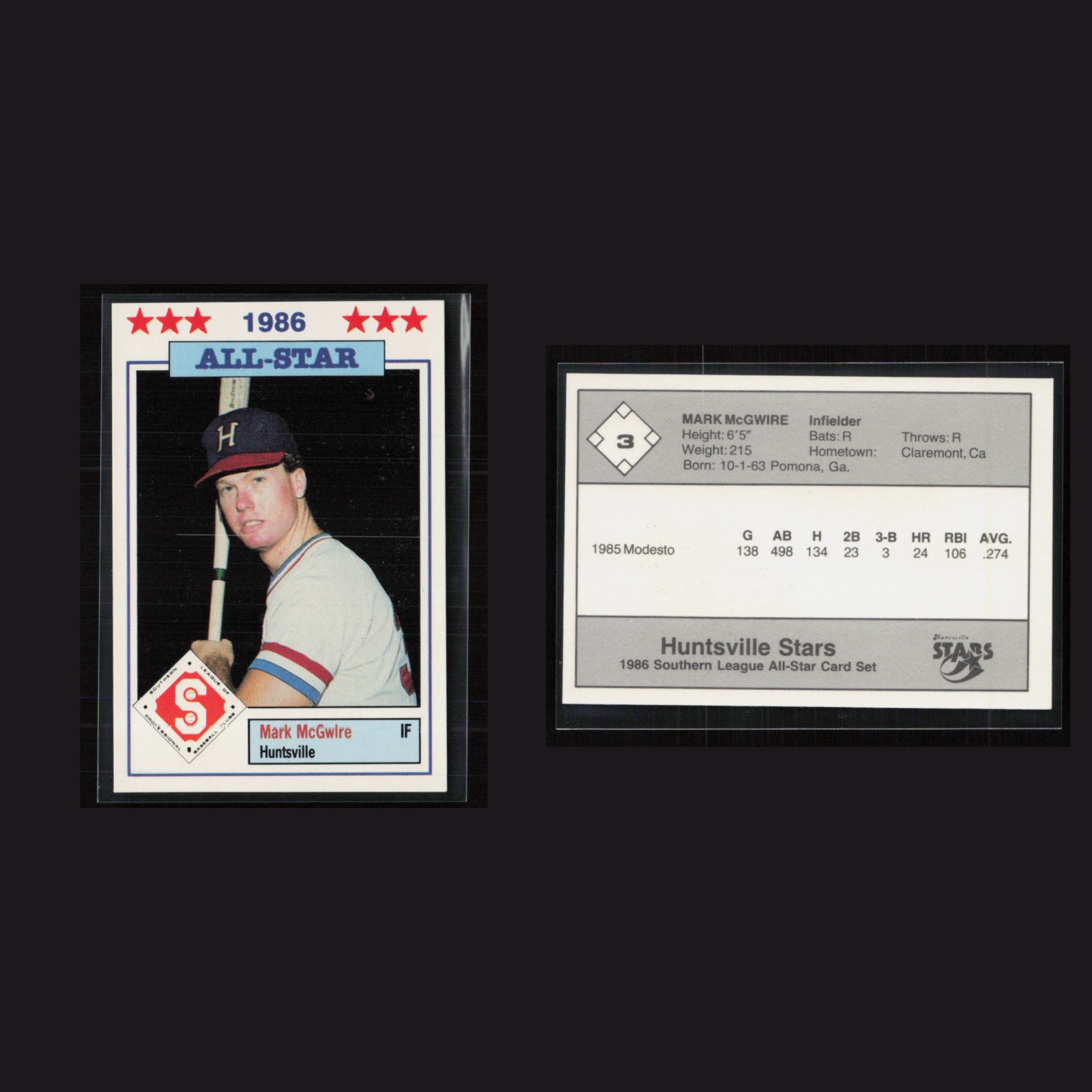 1986 Mark McGwire #3 NM-MT Huntsville Stars All-Star Huntsville Stars Baseball front and back scans. Card condition is Near Mint-Mint.