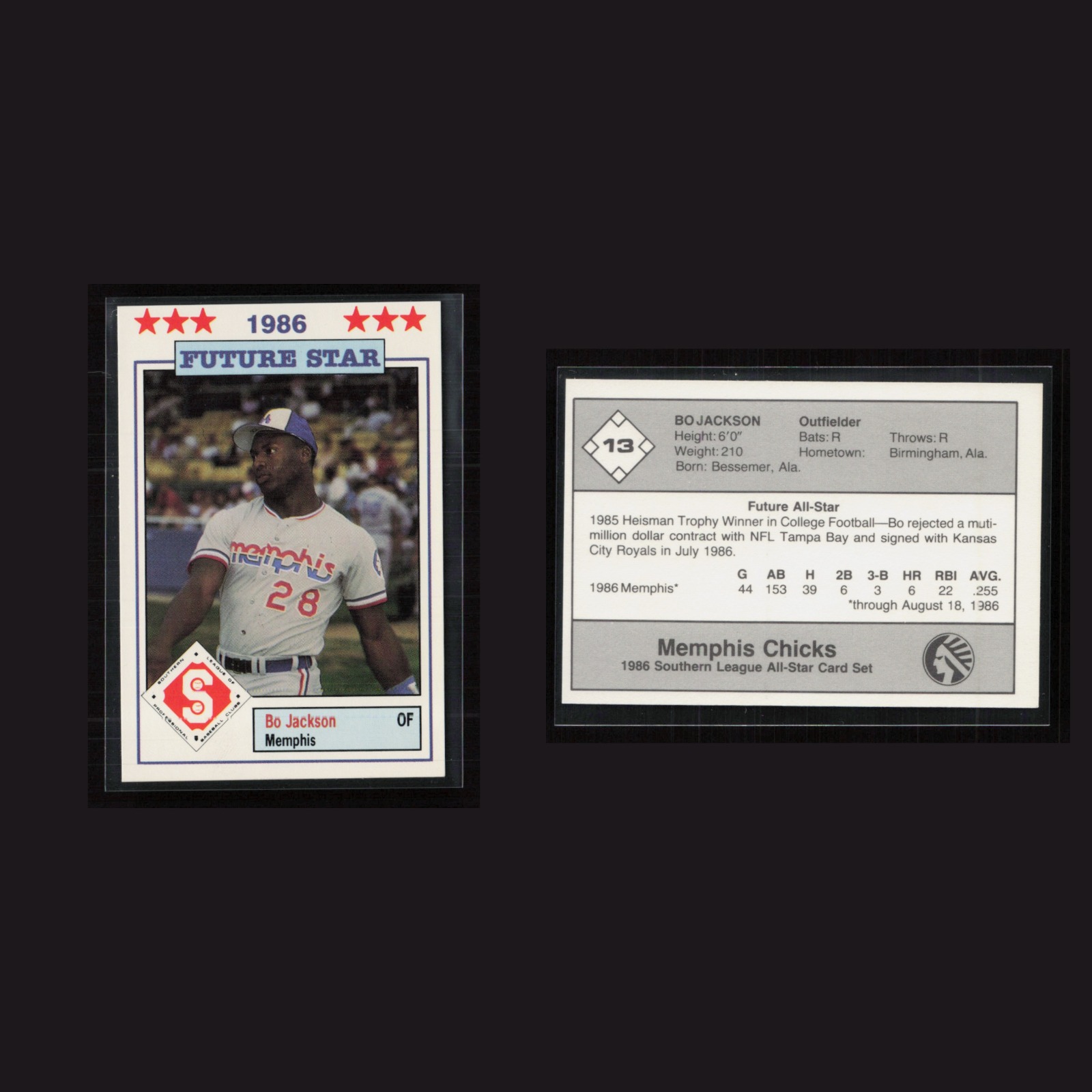 1986 Bo Jackson #13 NM-MT Memphis Chicks Memphis Baseball Card MLB front and back scans. Card condition is Near Mint-Mint.
