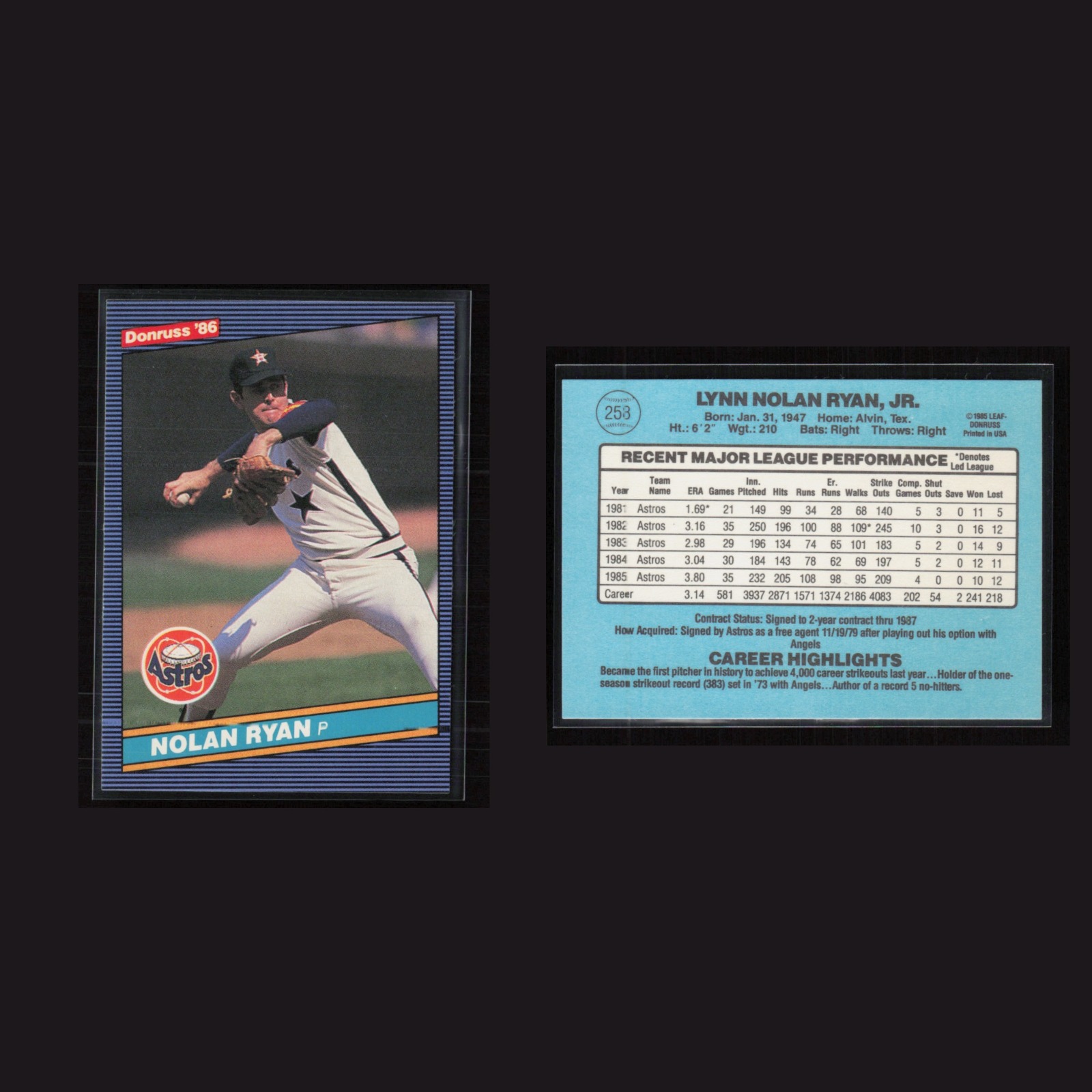 1986 Nolan Ryan #258 NM-MT Donruss Houston Astros Baseball Card MLB front and back scans. Card condition is Near Mint-Mint.