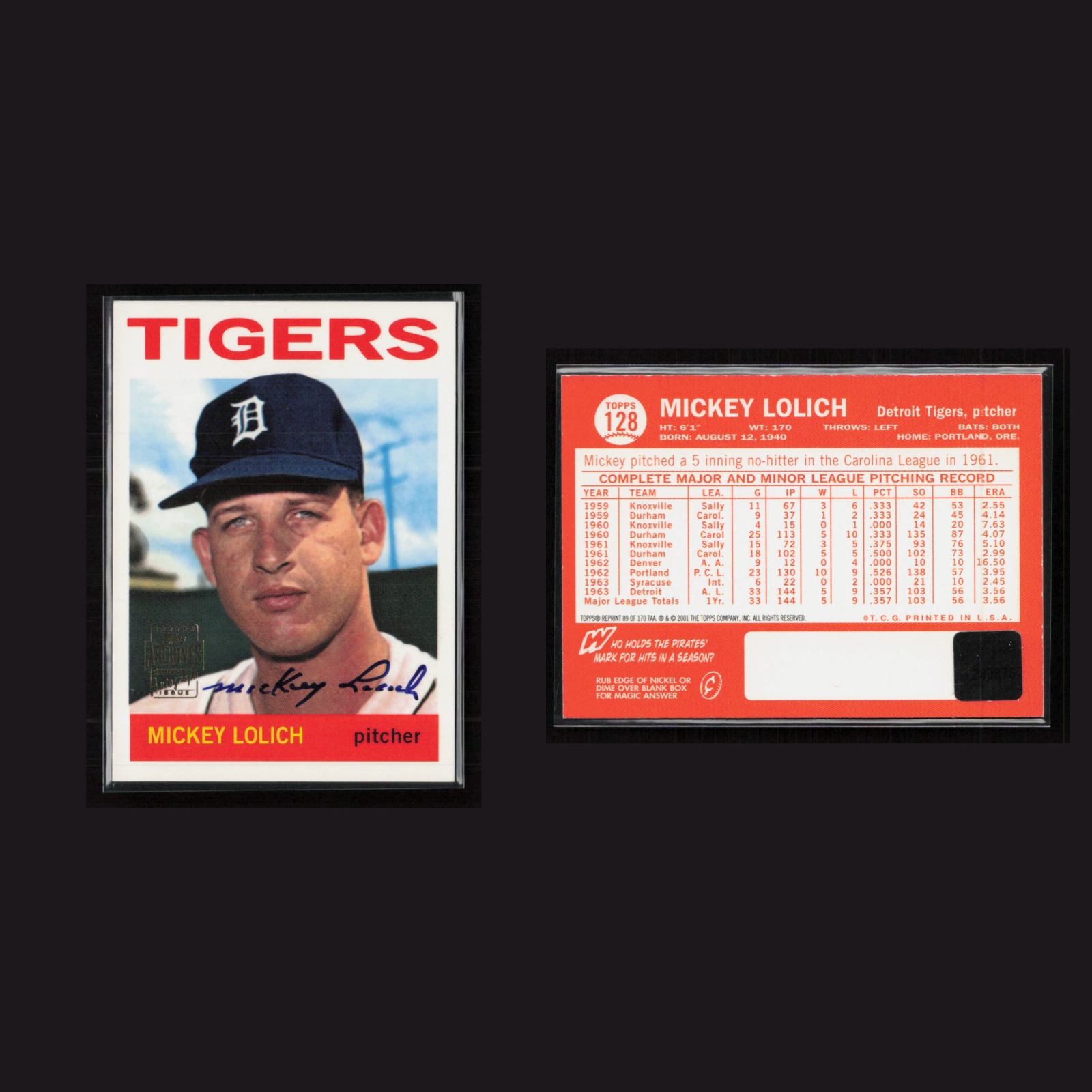 2001 Mickey Lolich #128 NM-MT Topps Archives Detroit Tigers Baseball Card MLB front and back scans. Card condition is Near Mint-Mint.