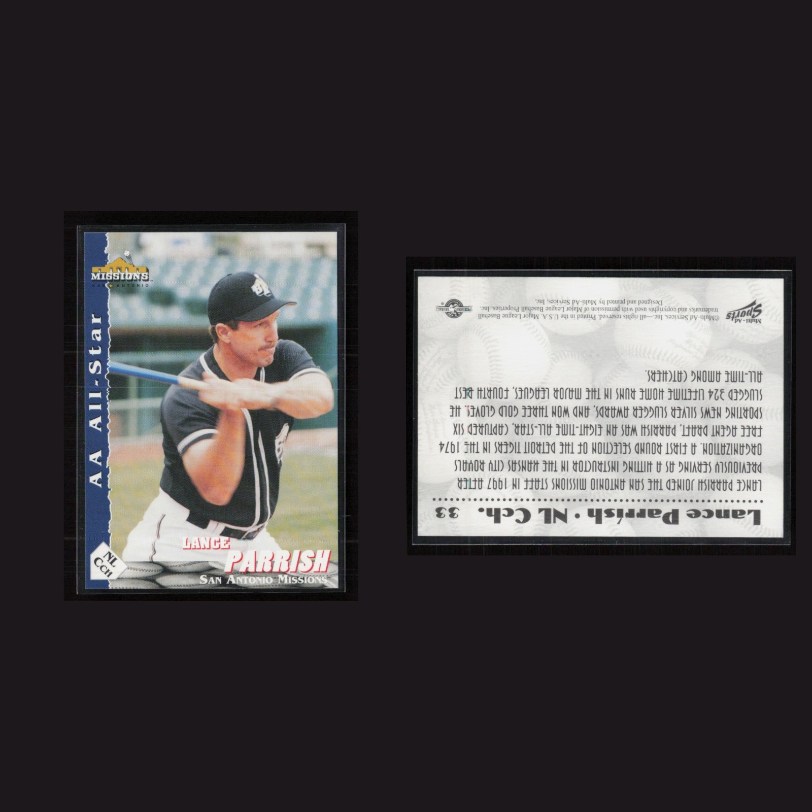 1997 Lance Parrish #33 NM-MT Multi-Ad Sports Missions San Antonio Missions Card front and back scans. Card condition is Near Mint-Mint.