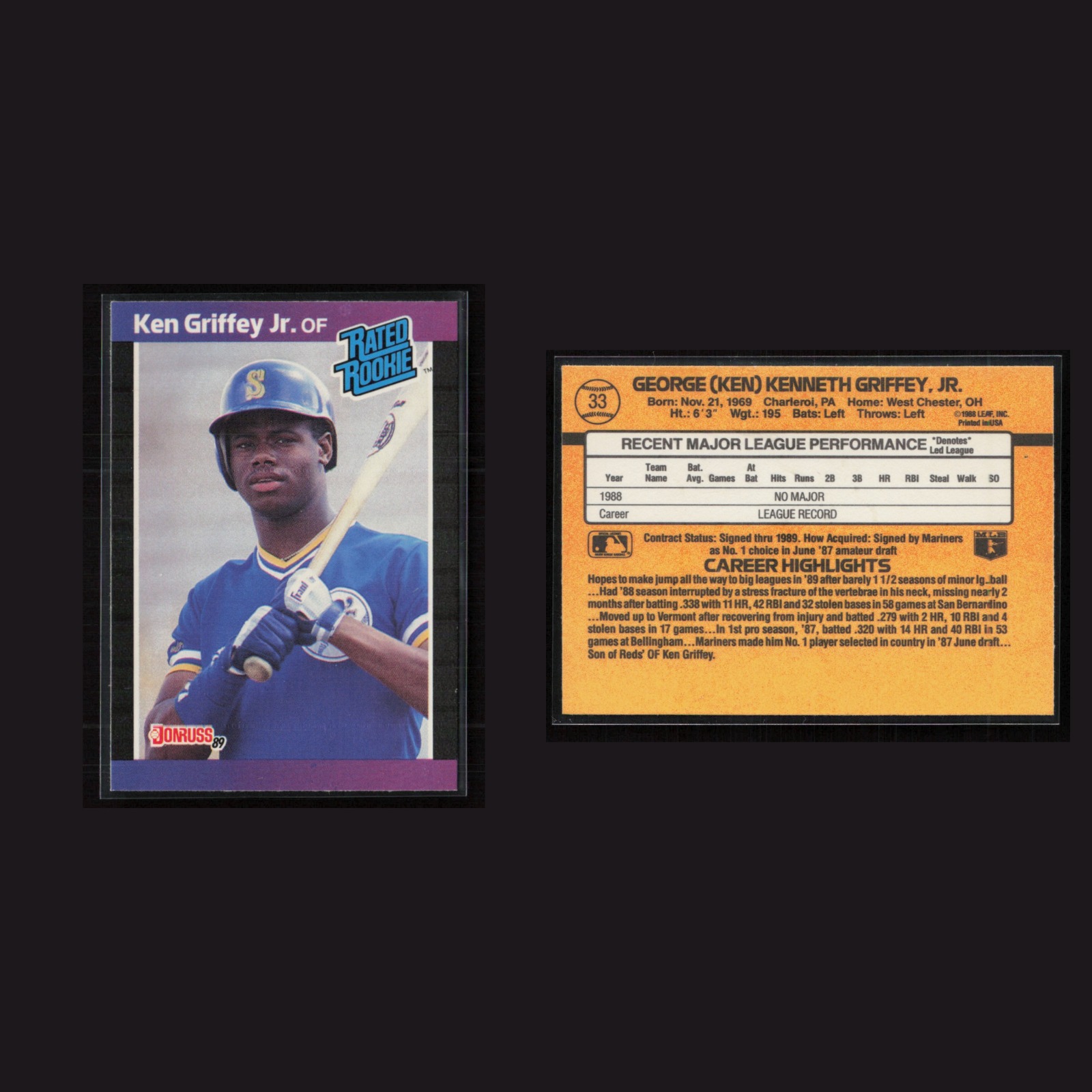 1989 Rookie Ken Griffey Jr. #33 NM Donruss Seattle Mariners Baseball Card MLB front and back scans. Card condition is Near Mint.