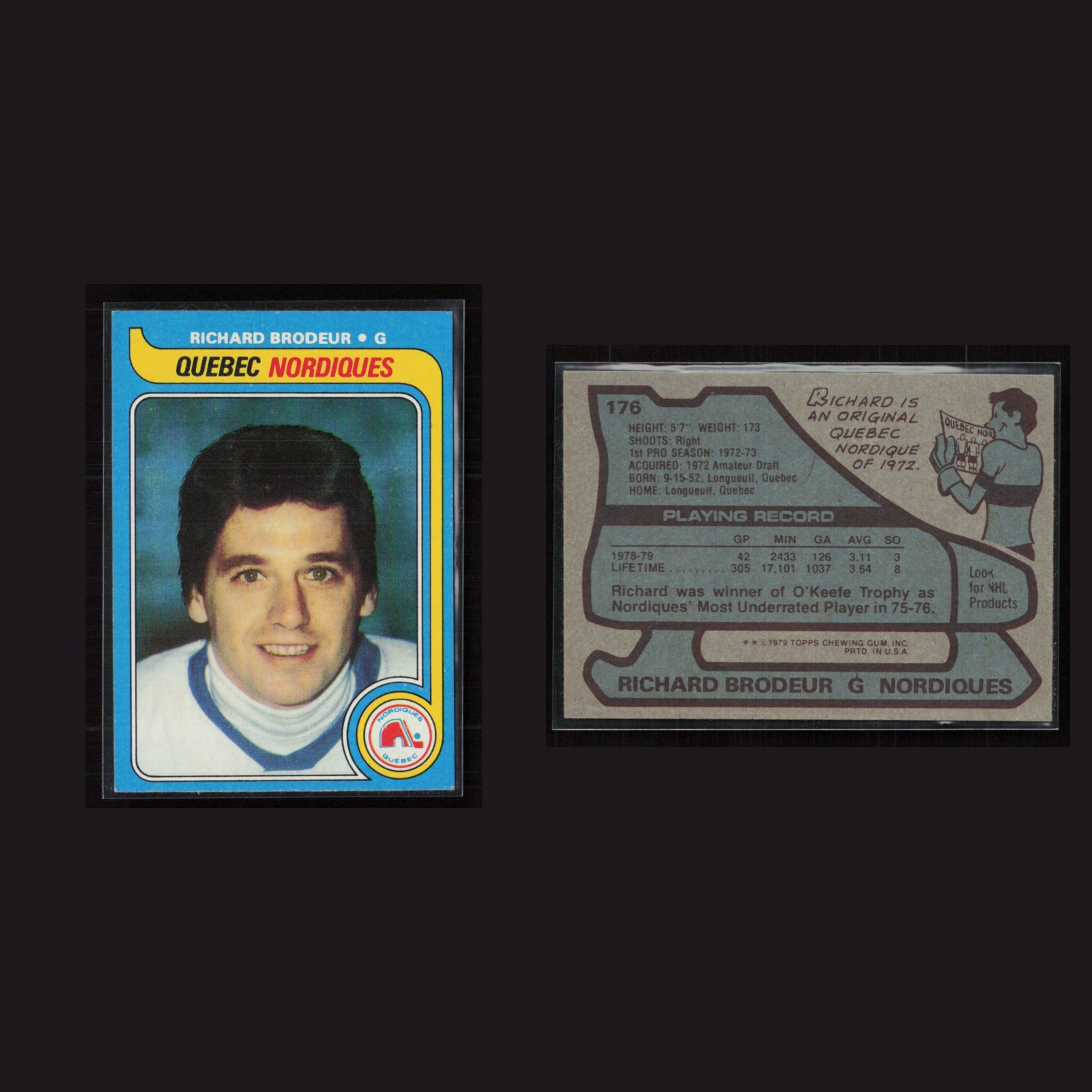 1979-80 Richard Brodeur #176 EX Topps Hockey Quebec Nordiques Vintage Card NHL front and back scans. Card condition is Excellent+.