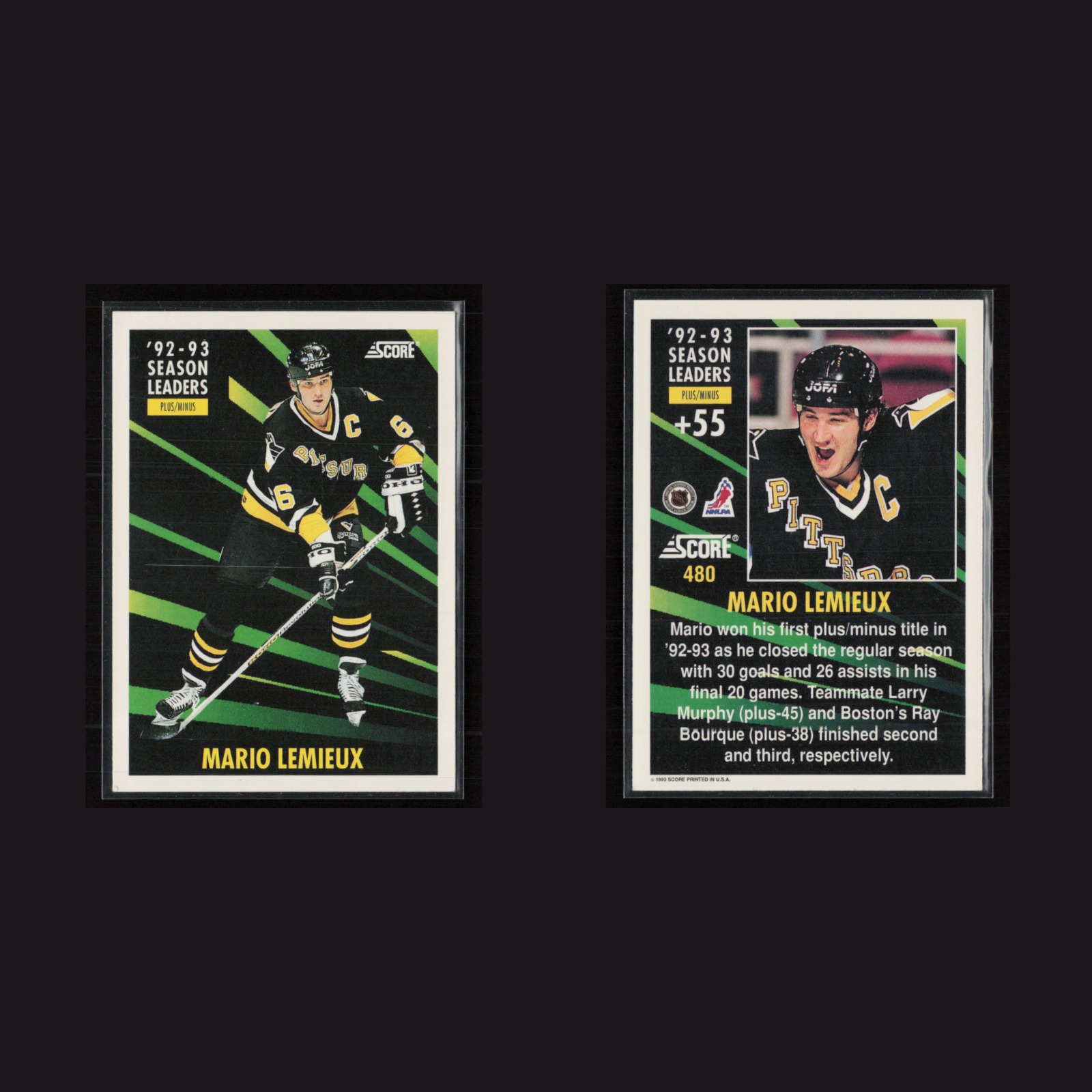 1993-94 Mario Lemieux #480 NM-MT Score Season Leaders Pittsburgh Penguins Hockey front and back scans. Card condition is Near Mint-Mint.
