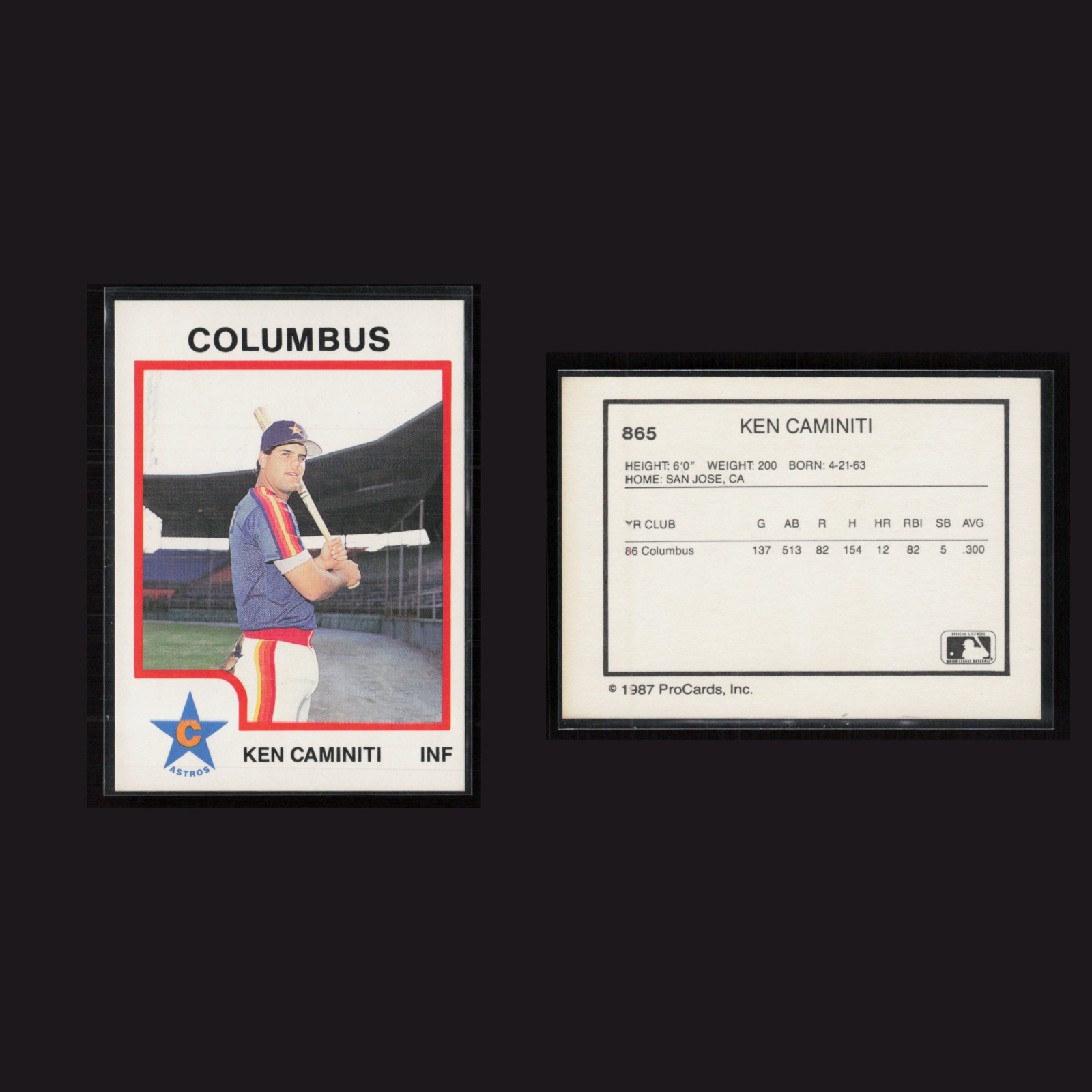 1987 Ken Caminiti #865 NM-MT ProCards Columbus Astros Baseball Card MLB front and back scans. Card condition is Near Mint-Mint.