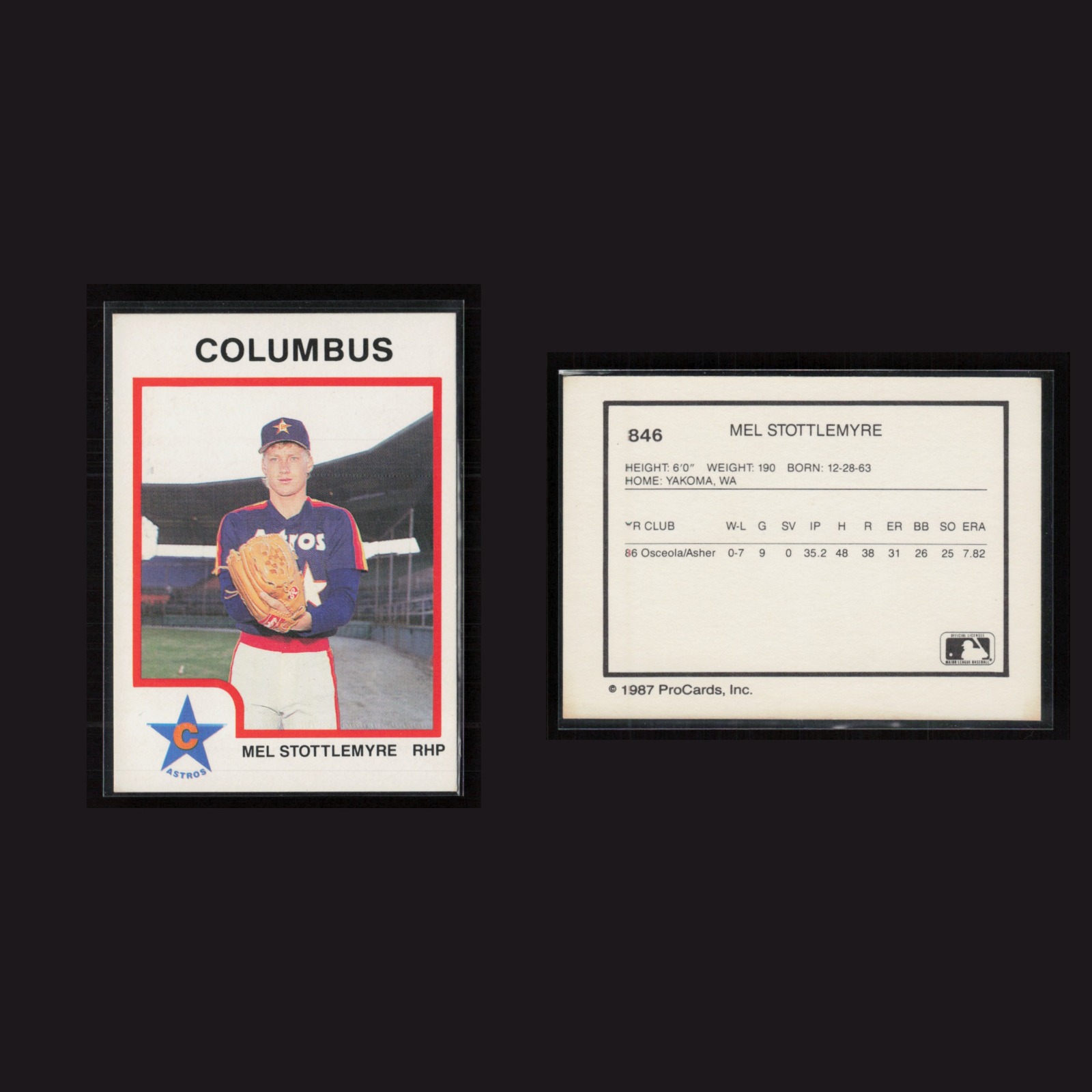 1987 Mel Stottlemyre #846 NM-MT ProCards Columbus Astros Baseball Card MLB front and back scans. Card condition is Near Mint-Mint.