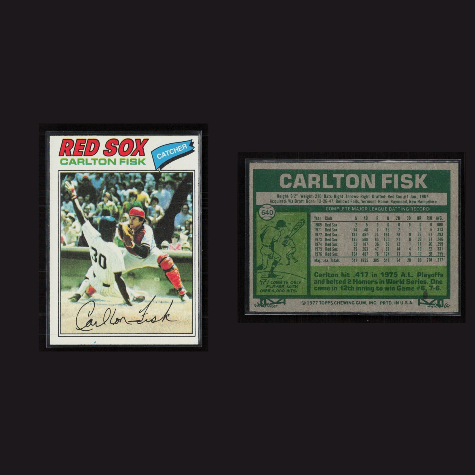 1977 Carlton Fisk #640 EX Topps Boston Red Sox Vintage Baseball Card Set-Break front and back scans. Card condition is Excellent+.