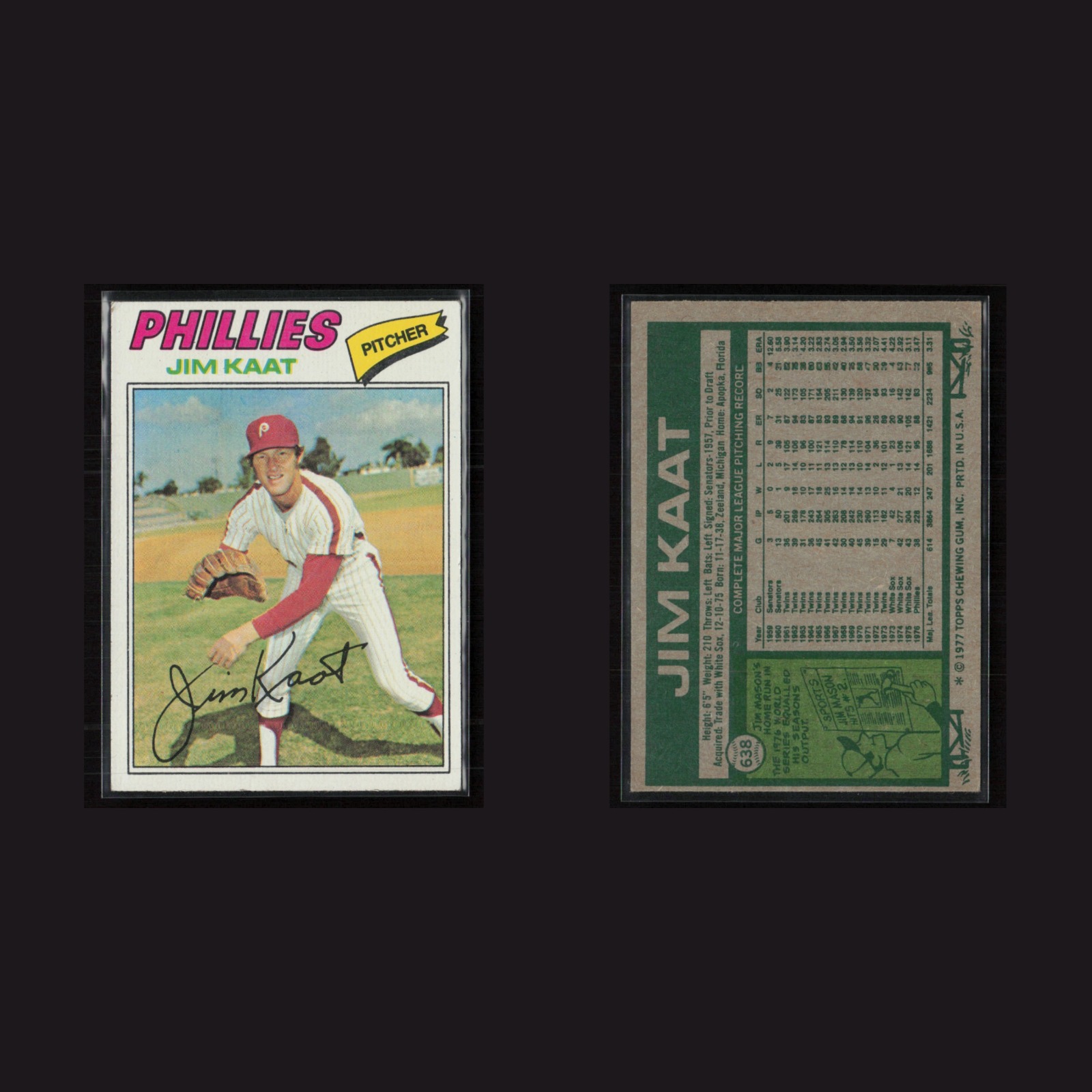 1977 Jim Kaat #638 EX Topps Philadelphia Phillies Vintage Baseball Card MLB front and back scans. Card condition is Excellent.