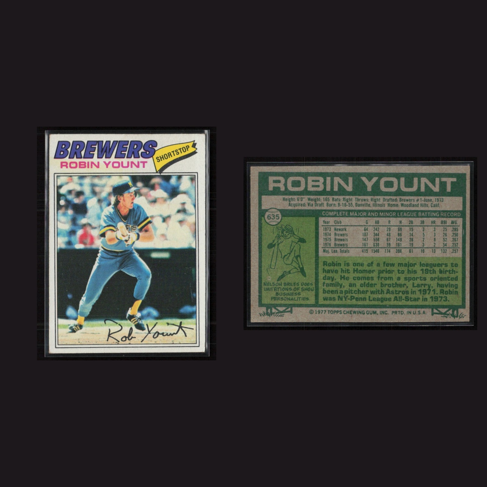1977 Robin Yount #635 EX Topps Milwaukee Brewers Vintage Baseball Card Set-Break front and back scans. Card condition is Excellent.
