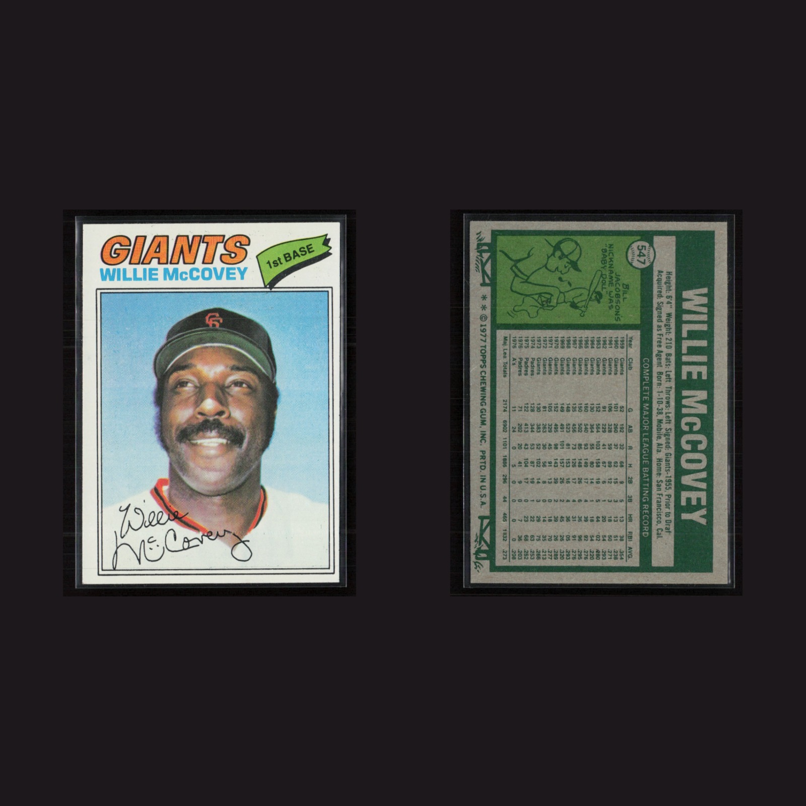 1977 Willie McCovey #547 EX-EXMINT Topps San Francisco Giants Vintage Baseball front and back scans. Card condition is Excellent-Near Mint.