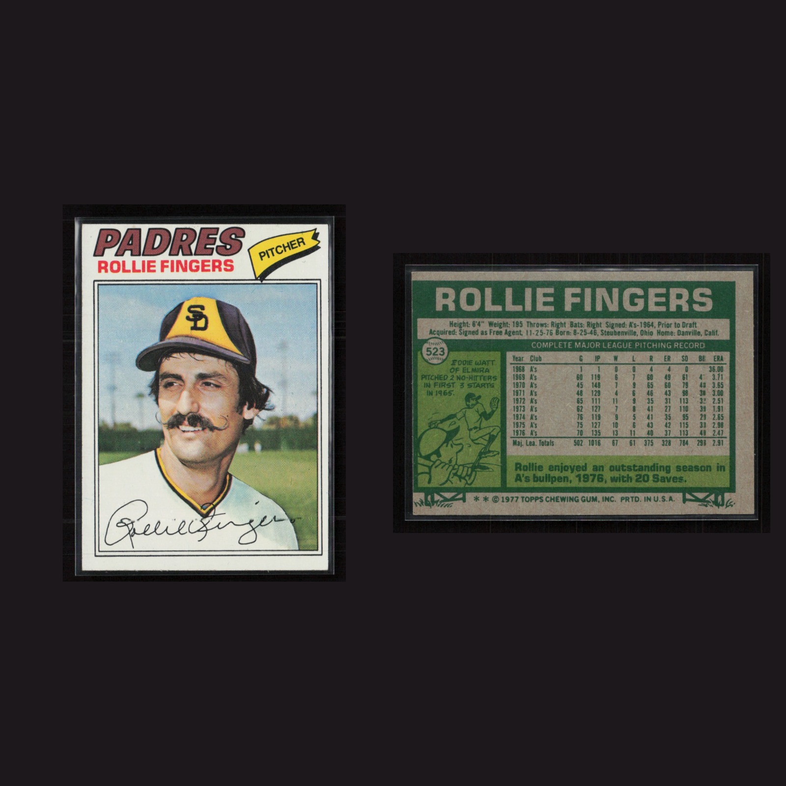 1977 Rollie Fingers #523 EX Topps Milwaukee Brewers Vintage Baseball Card MLB front and back scans. Card condition is Excellent+.