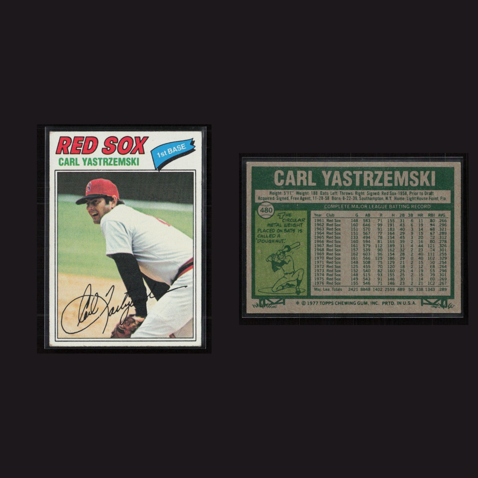 1977 Carl Yastrzemski #480 EX Topps Boston Red Sox Vintage Baseball Card MLB front and back scans. Card condition is Excellent.