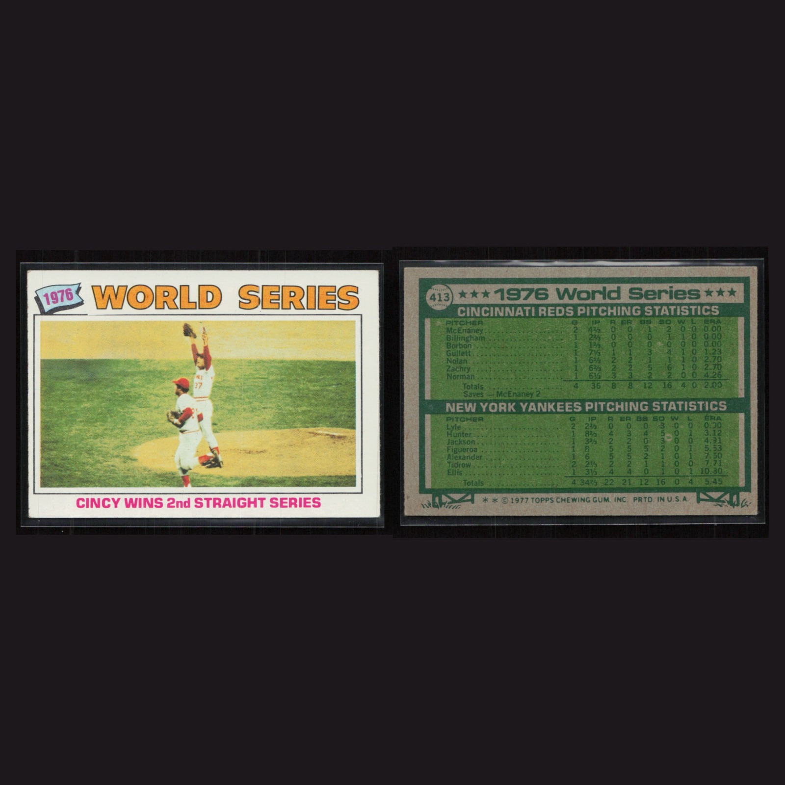 1977 World Series Summary - Cincy Wins 2nd Straight Series #413 EX World Series front and back scans. Card condition is Excellent.