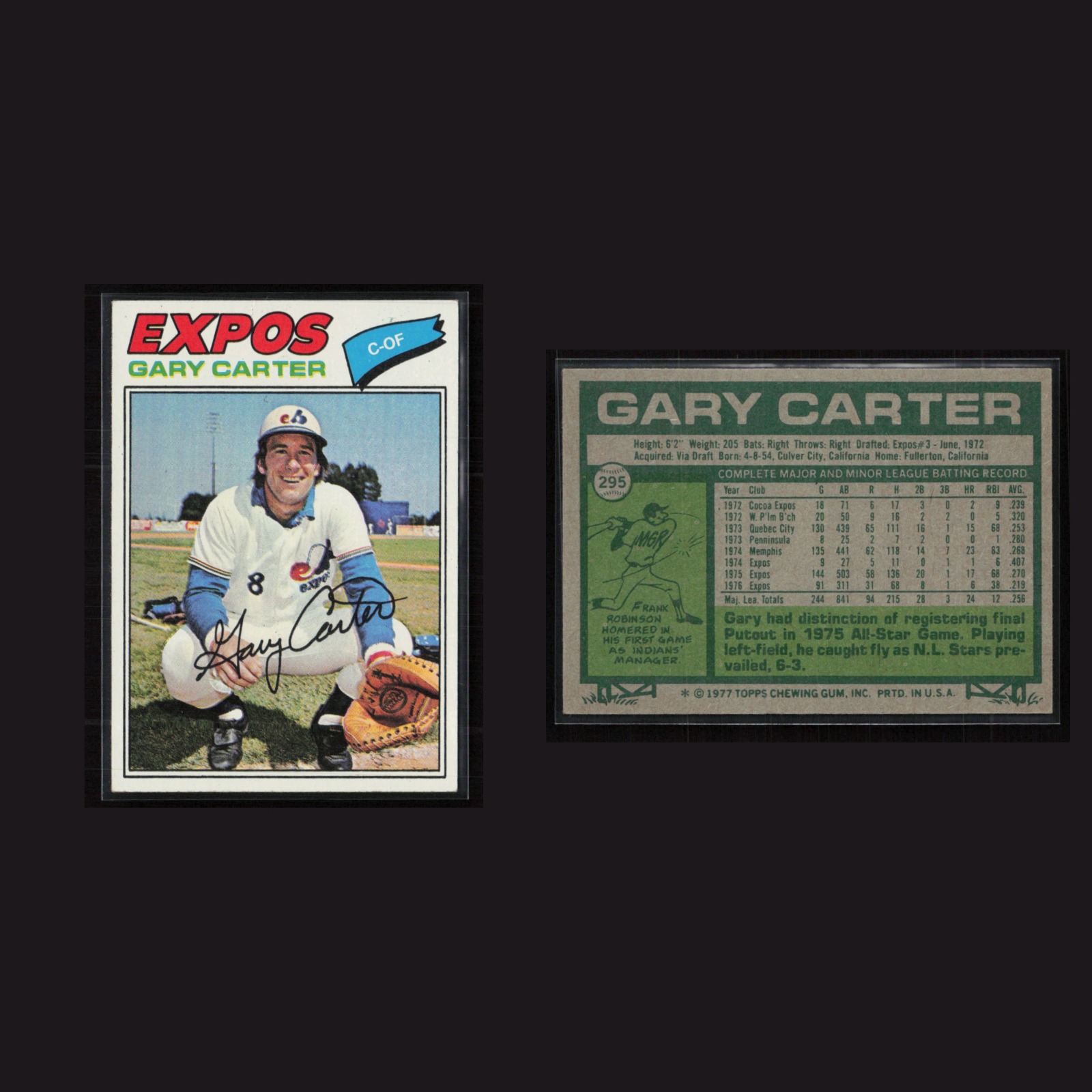 1977 Gary Carter #295 EX Topps Montreal Expos Vintage Baseball Card Set-Break front and back scans. Card condition is Excellent+.