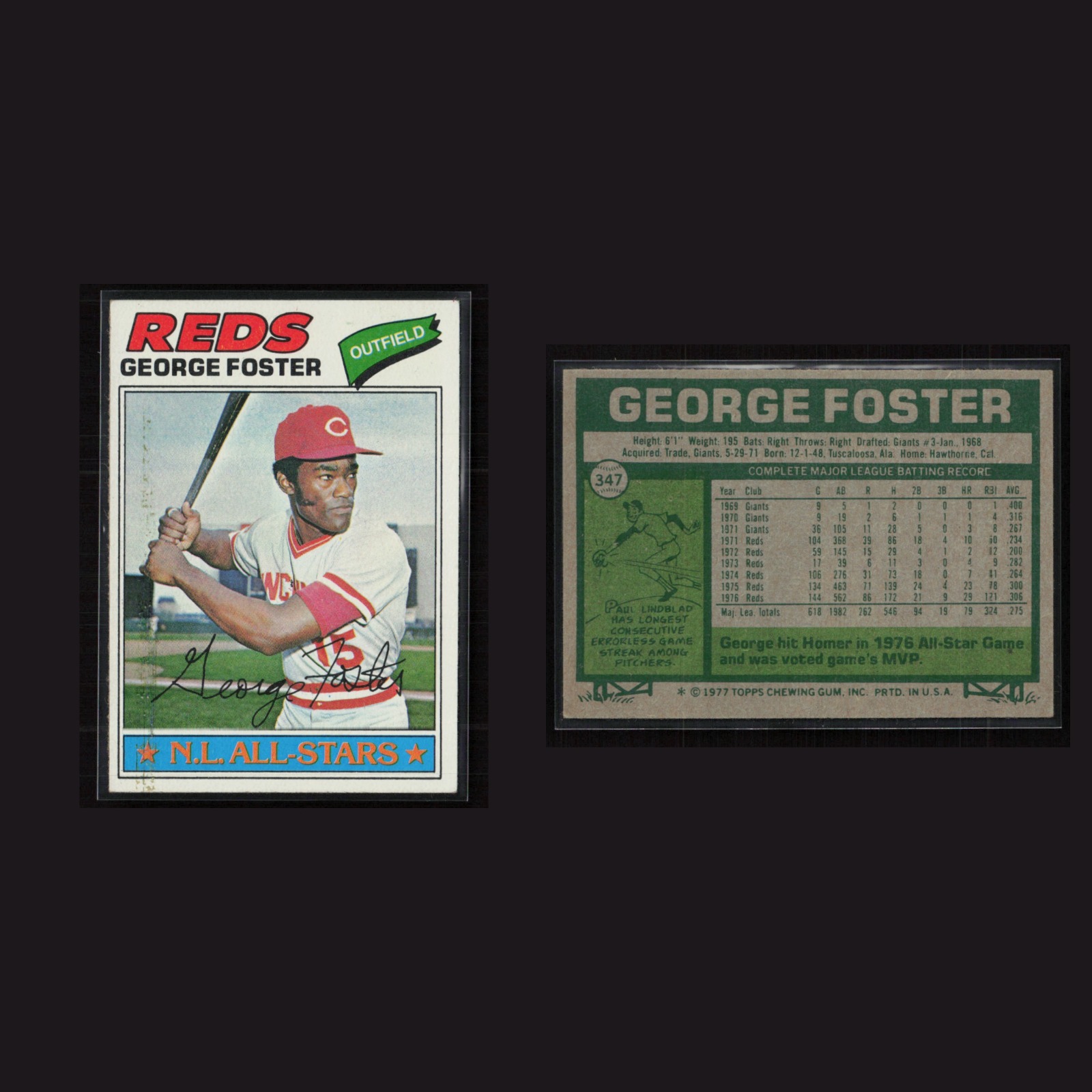1977 George Foster #347 VG-EX Topps Cincinnati Reds Vintage Baseball Card MLB front and back scans. Card condition is Very Good-Excellent.