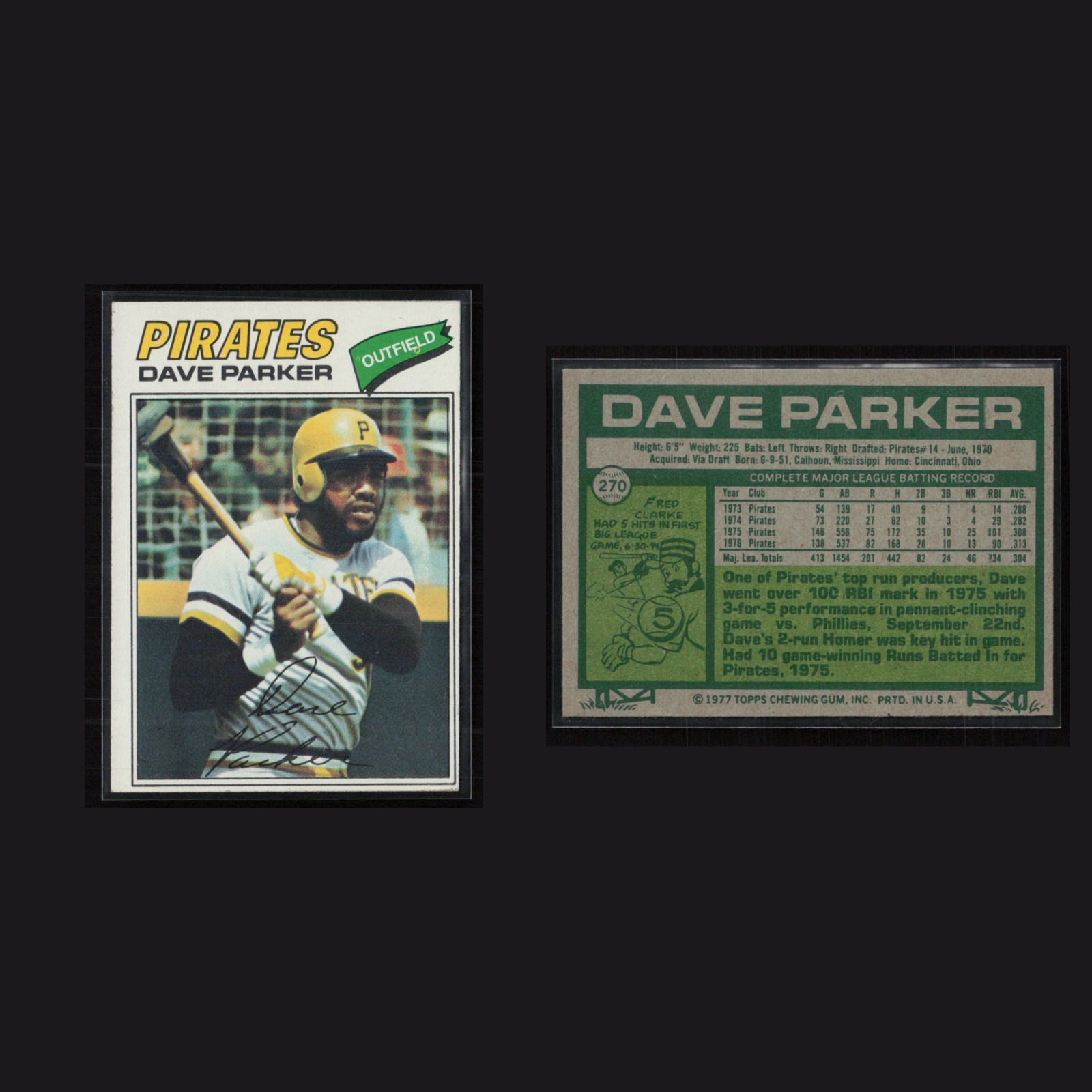 1977 Dave Parker #270 EX Topps Pittsburgh Pirates Vintage Baseball Card MLB front and back scans. Card condition is Excellent+.