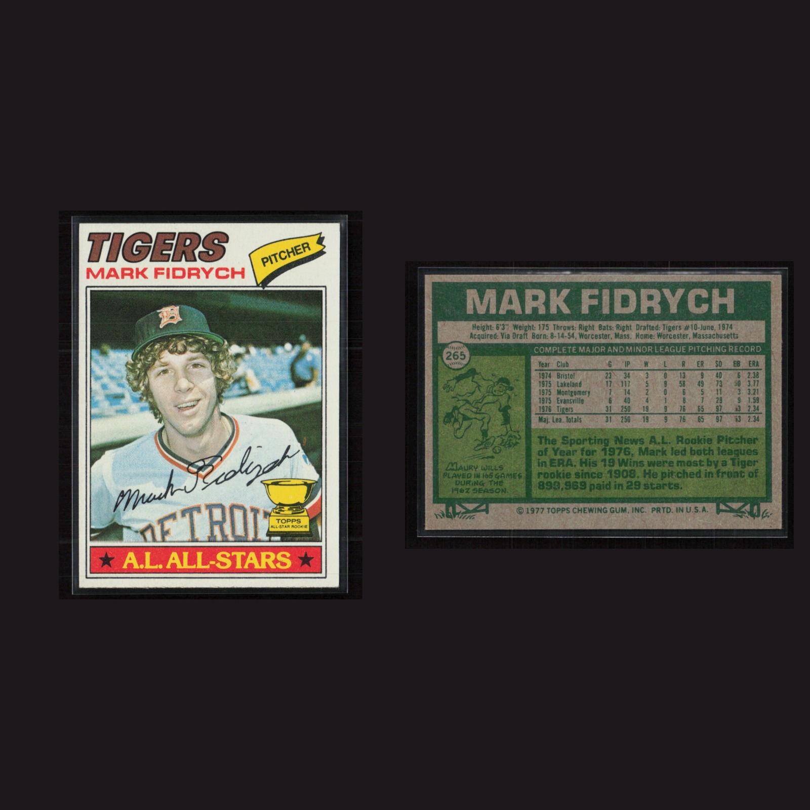 1977 Rookie Mark Fidrych #265 EX Topps All-Star Rookie Detroit Tigers Vintage front and back scans. Card condition is Excellent+.