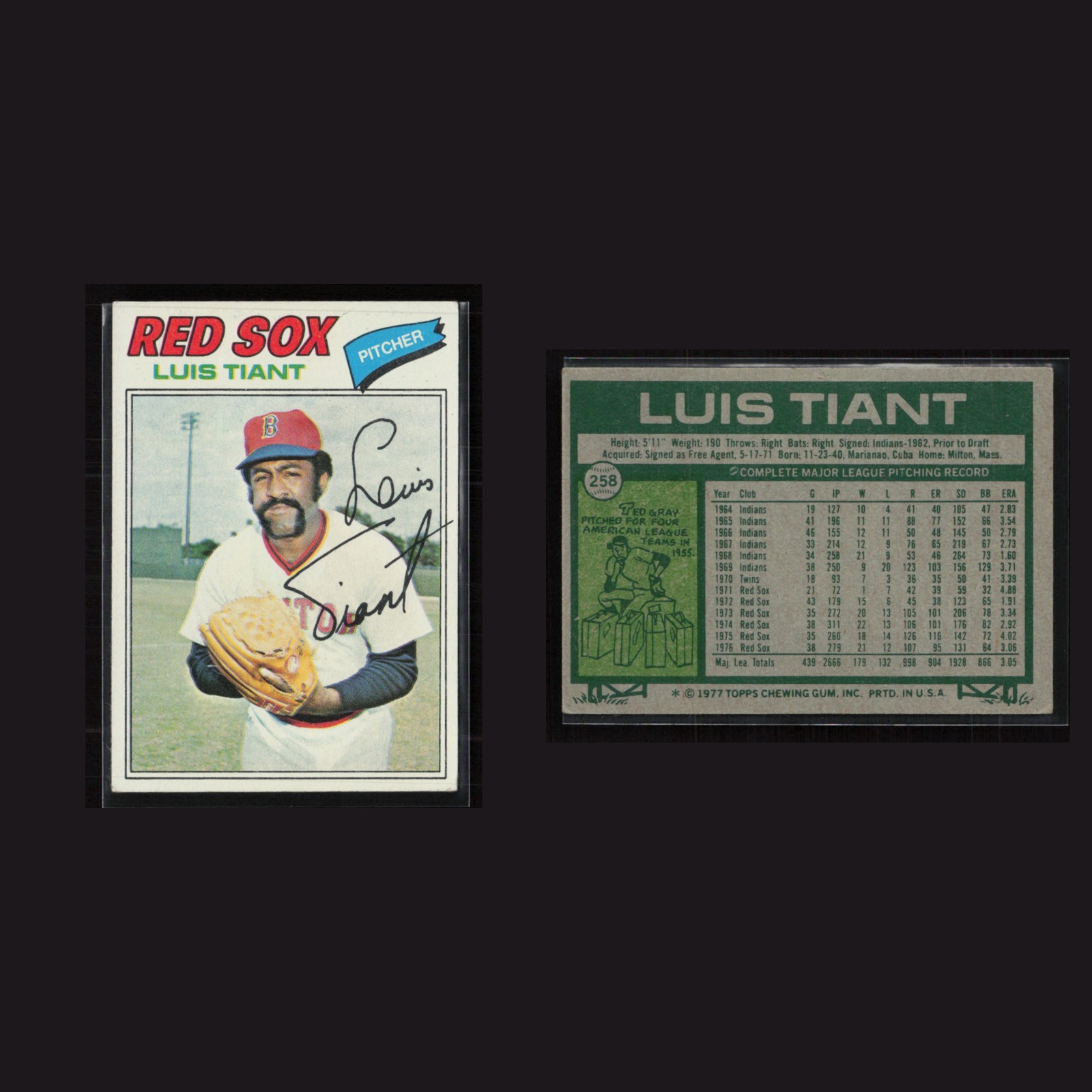 1977 Luis Tiant #258 EX Topps Boston Red Sox Vintage Baseball Card Set-Break MLB front and back scans. Card condition is Excellent.