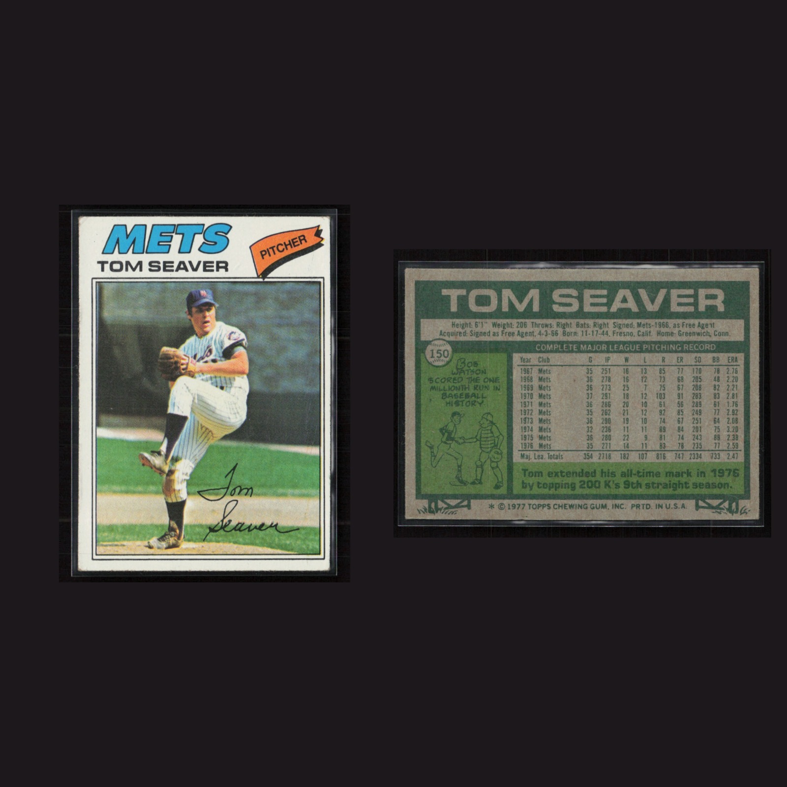 1977 Tom Seaver #150 VG-EX Topps New York Mets Vintage Baseball Card Set-Break front and back scans. Card condition is Very Good-Excellent.