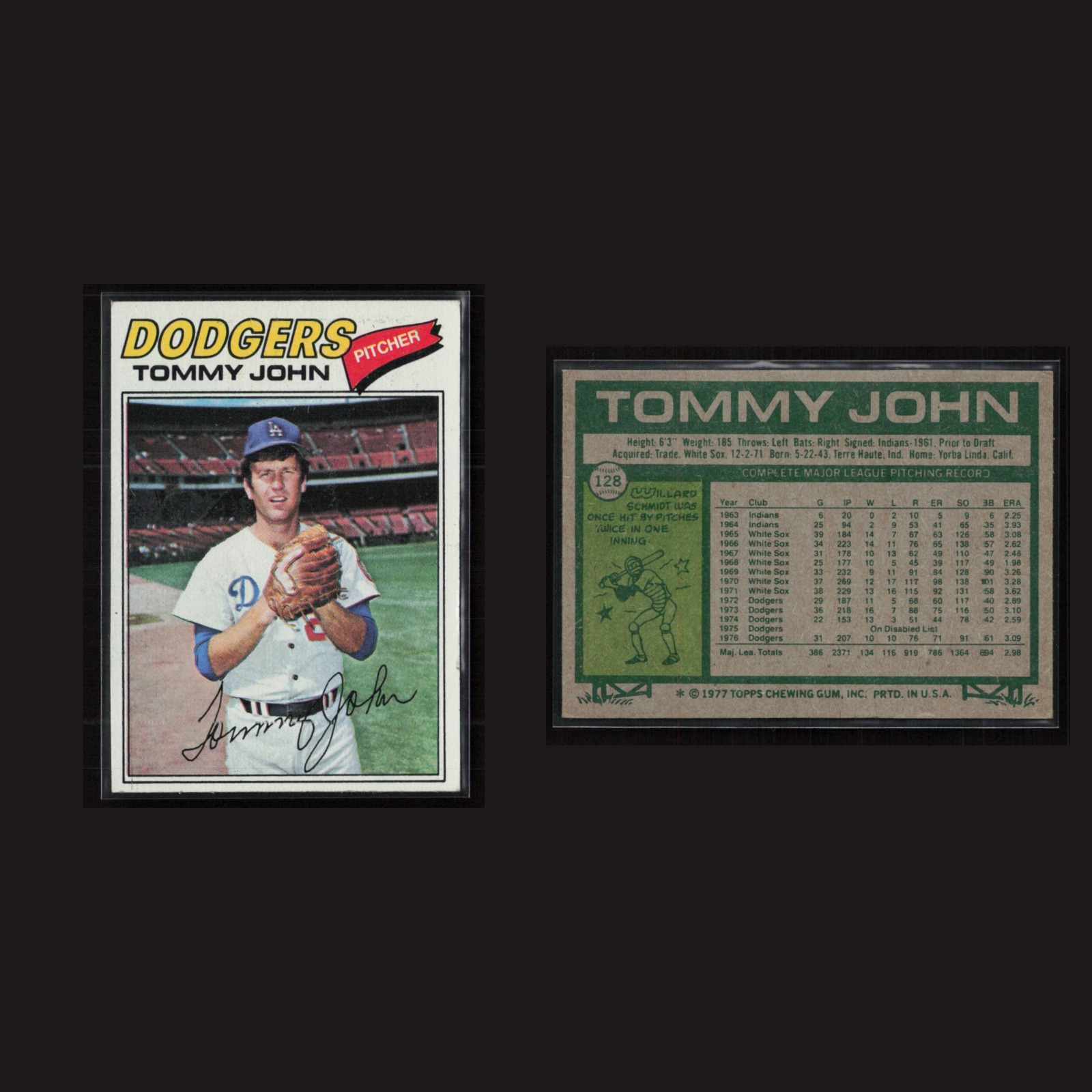 1977 Tommy John #128 EX Topps Los Angeles Dodgers Vintage Baseball Card MLB front and back scans. Card condition is Excellent+.