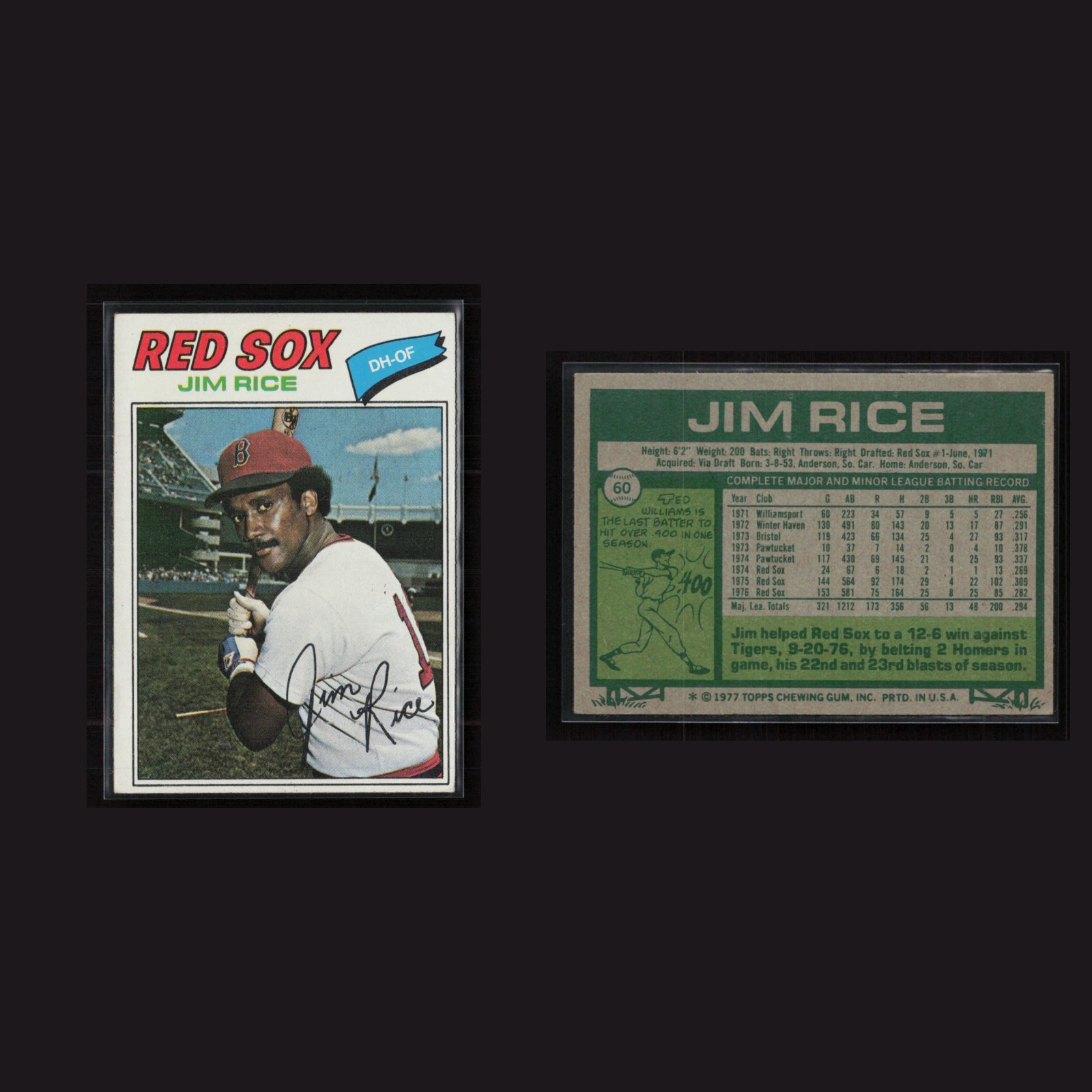 1977 Jim Rice #60 EX Topps Boston Red Sox Vintage Baseball Card Set-Break MLB front and back scans. Card condition is Excellent.