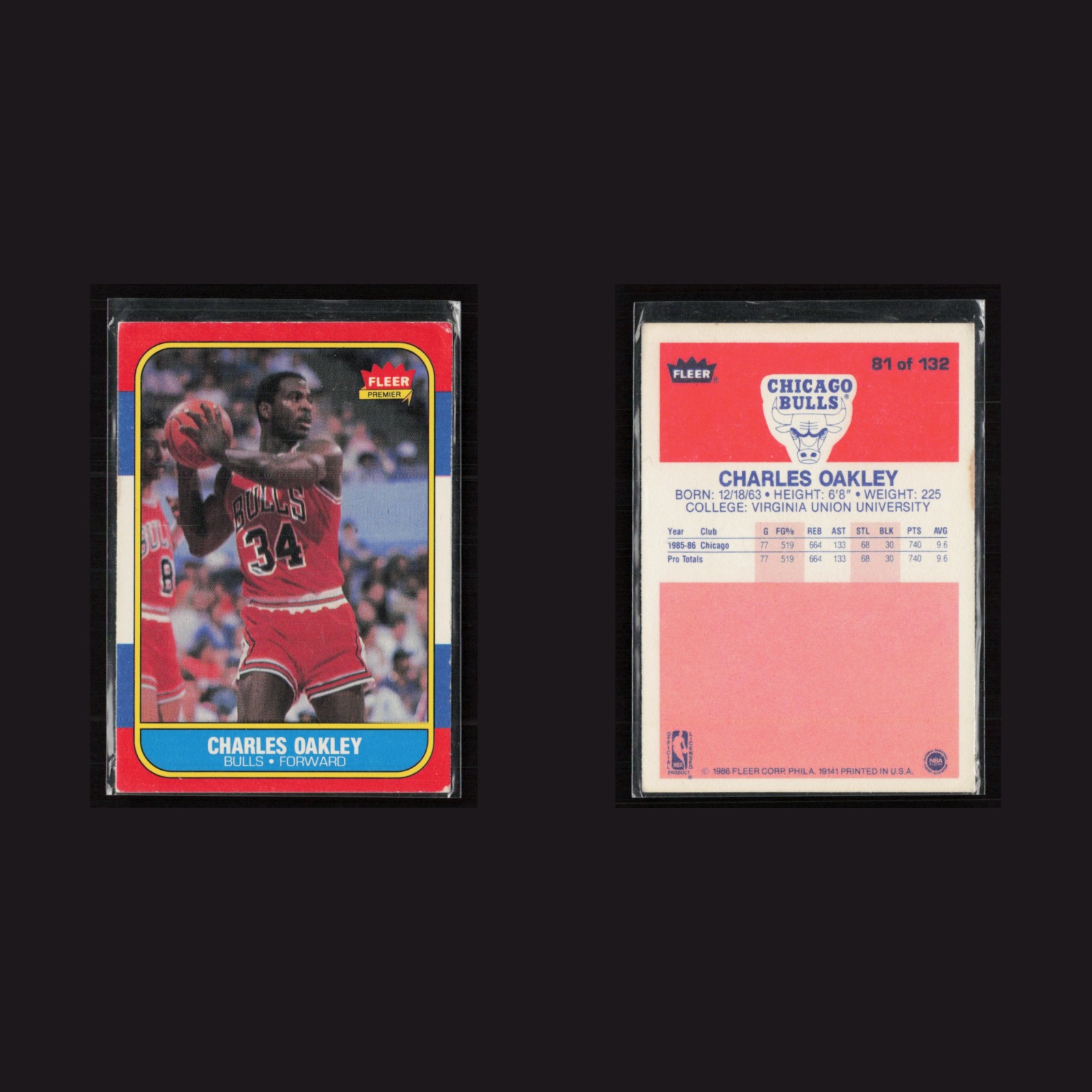 1986-87 Charles Oakley #81 EX Fleer Premier Chicago Bulls Basketball Card NBA front and back scans. Card condition is Excellent.