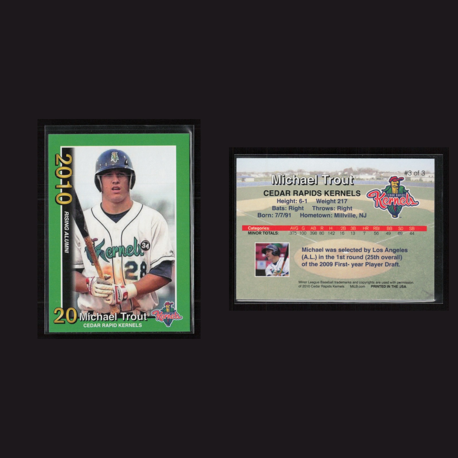 2010 Michael Trout #3 NM-MT Cedar Rapids Kernels Rising Alumni Baseball Card MLB front and back scans. Card condition is Near Mint-Mint.