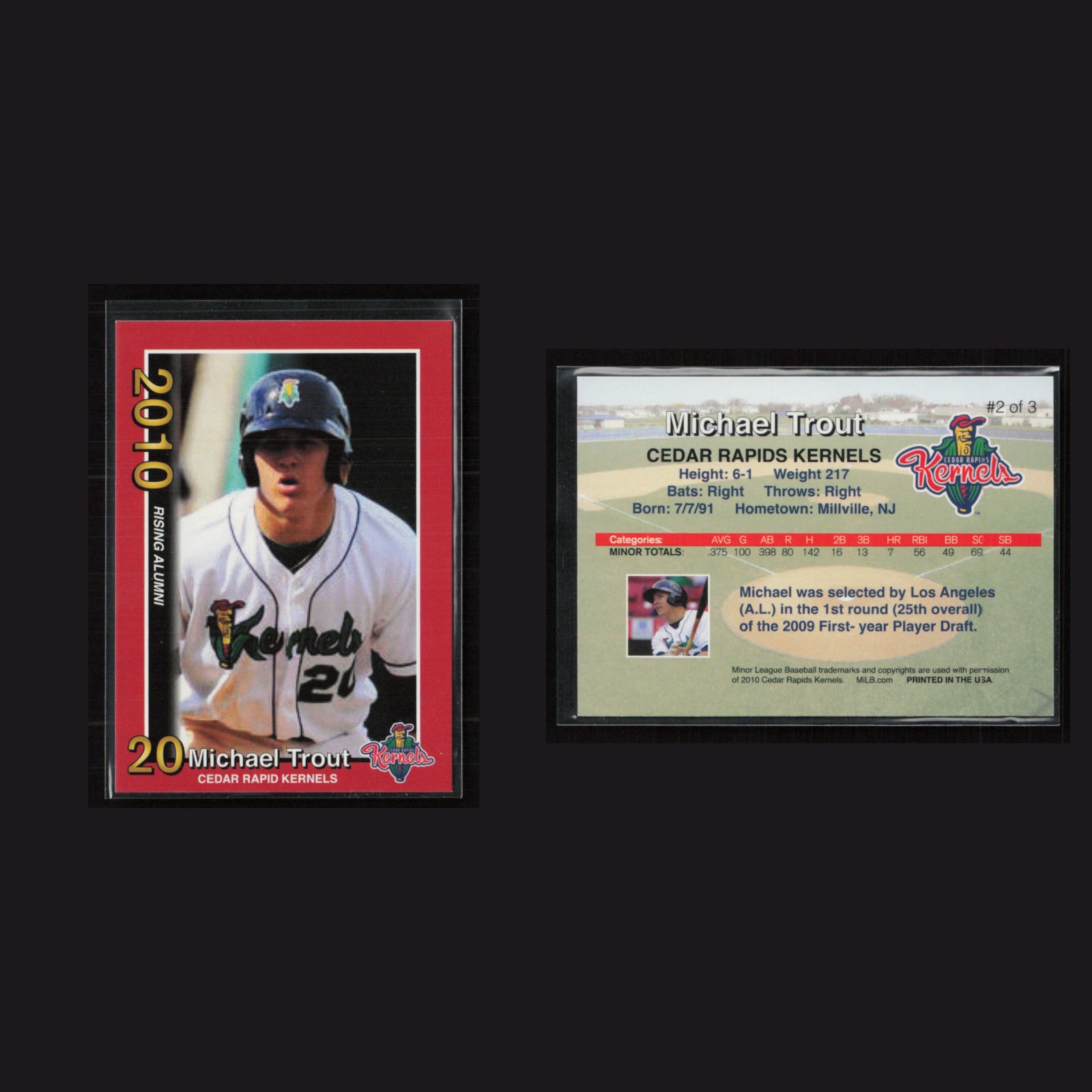 2010 Michael Trout #2 NM-MT Cedar Rapids Kernels Rising Alumni Baseball Card MLB front and back scans. Card condition is Near Mint-Mint.