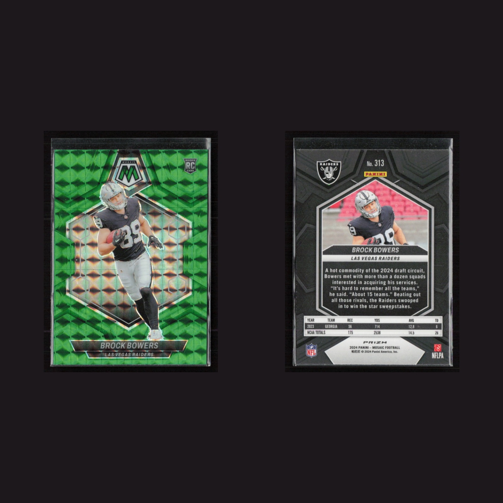 2024 Rookie Brock Bowers #313 NM Panini Mosaic Football Mosaic Green Raiders NFL front and back scans. Card condition is Near Mint.