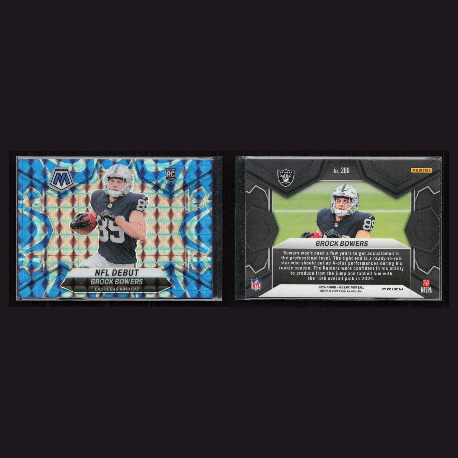 2024 Rookie Brock Bowers #286 NM-MT Panini Mosaic Football Blue Prizm Raiders front and back scans. Card condition is Near Mint-Mint.