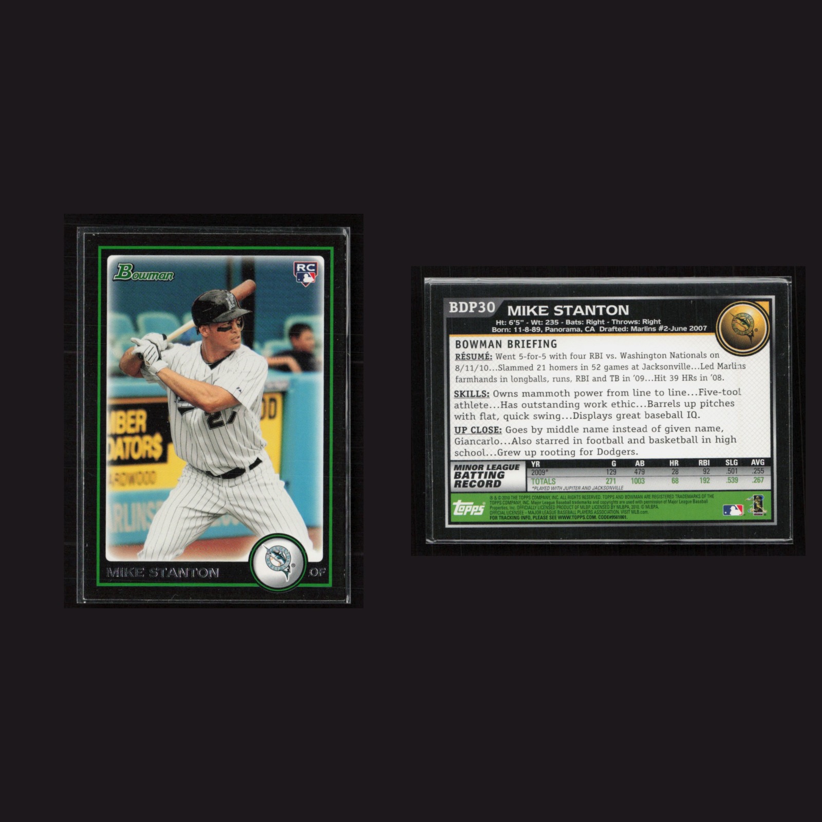 2010 Rookie Mike Stanton #BDP30 NM Bowman Draft Picks Miami Marlins Baseball MLB front and back scans. Card condition is Near Mint.