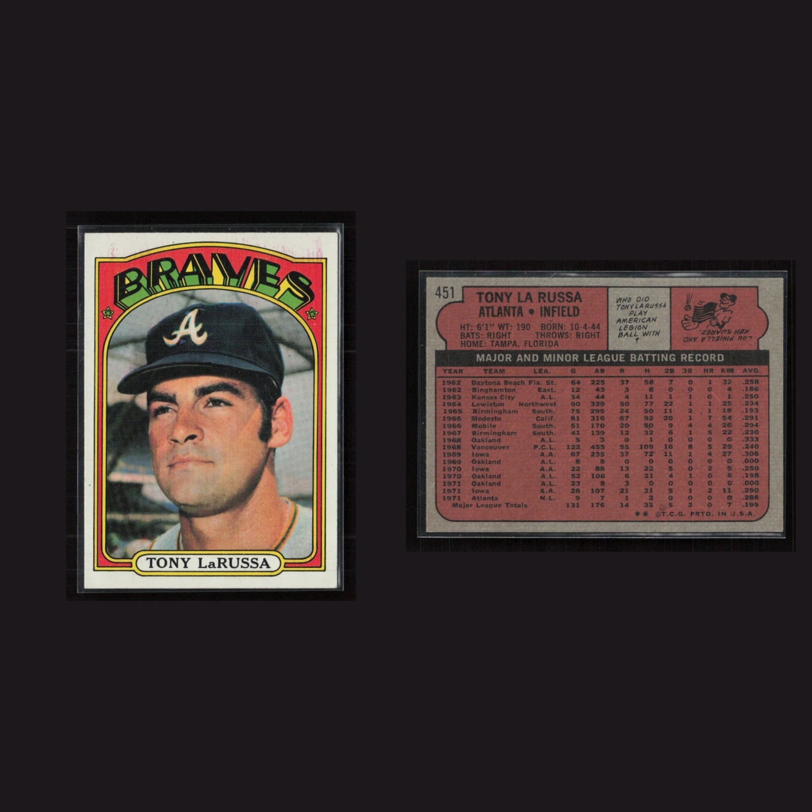 1972 Tony La Russa #451 EX-EXMINT Topps Atlanta Braves Vintage Baseball Card MLB front and back scans. Card condition is Excellent-Mint.