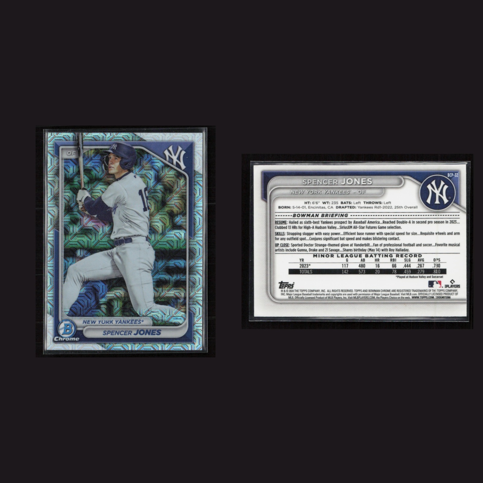 2024 Spencer Jones #BCP-32 NM-MT Bowman Chrome Mojo Refractor New York Yankees front and back scans. Card condition is Near Mint-Mint.