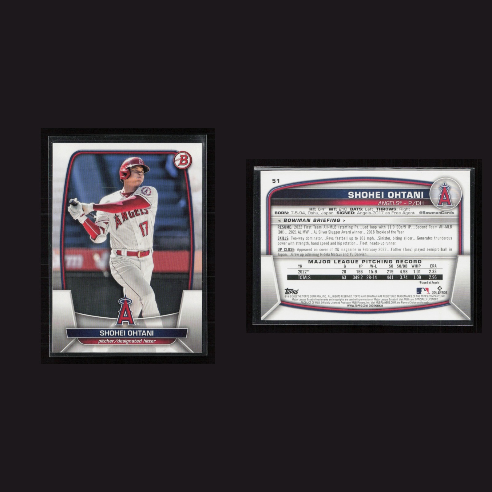 2023 Shohei Ohtani #51 NM-MT Bowman Los Angeles Angels Baseball Card MLB front and back scans. Card condition is Near Mint-Mint.