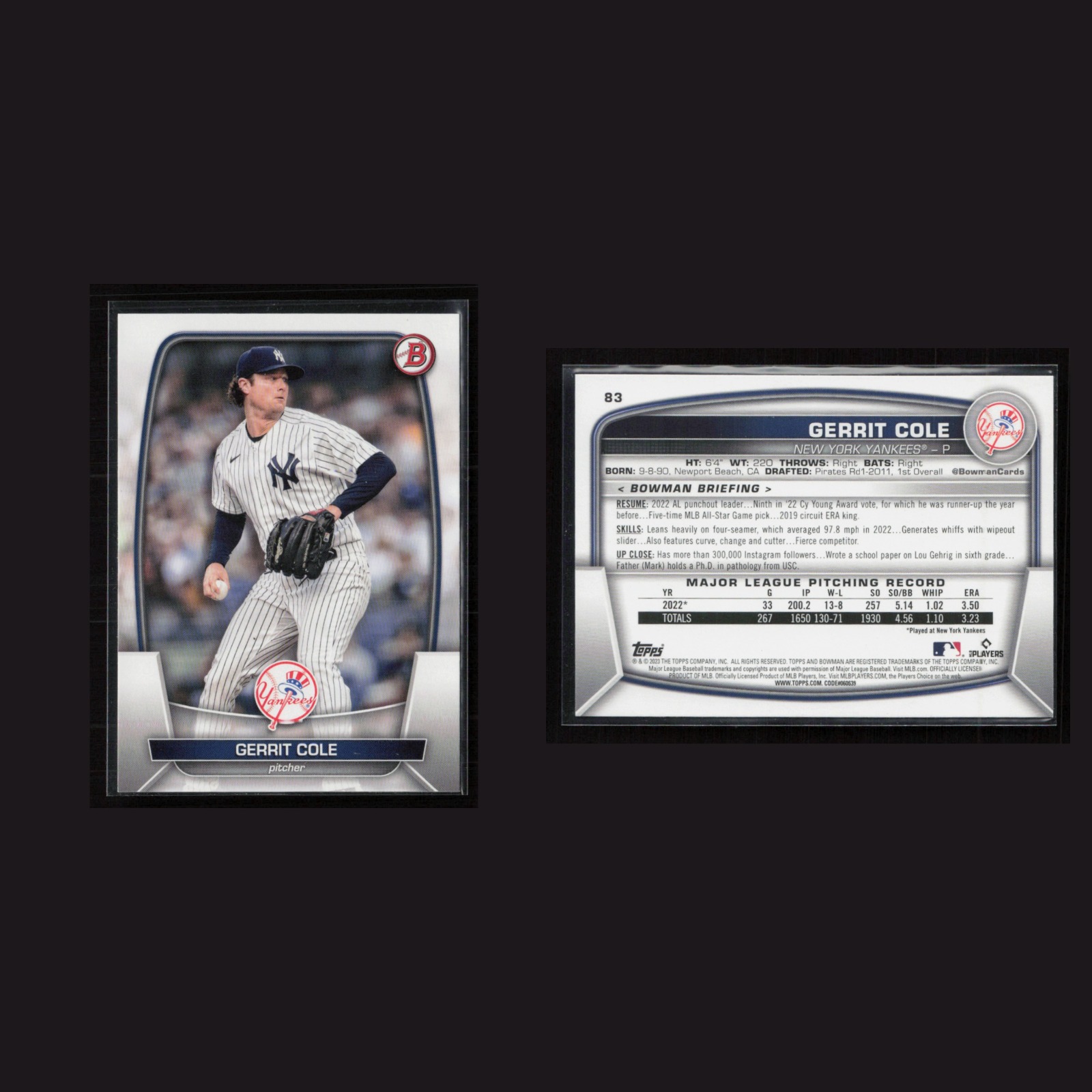 2023 Gerrit Cole #83 NM-MT Bowman New York Yankees Baseball Card MLB front and back scans. Card condition is Near Mint-Mint.