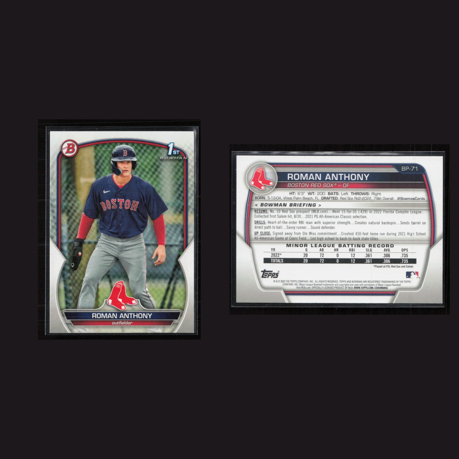 2023 Rookie Roman Anthony #BP-71 NM-MT Bowman Boston Red Sox Baseball Card MLB front and back scans. Card condition is Near Mint-Mint.