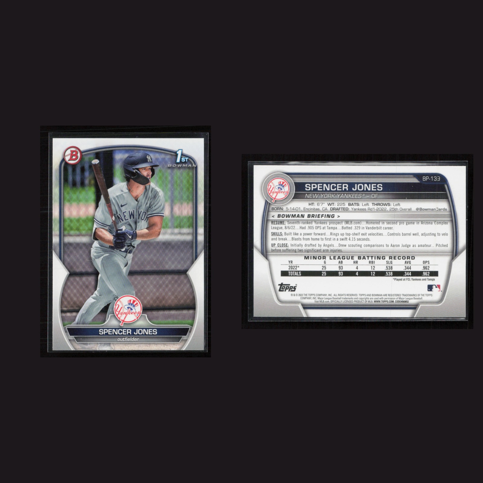 2023 Spencer Jones #BP-139 NM-MT Bowman New York Yankees Baseball Card MLB front and back scans. Card condition is Near Mint-Mint.