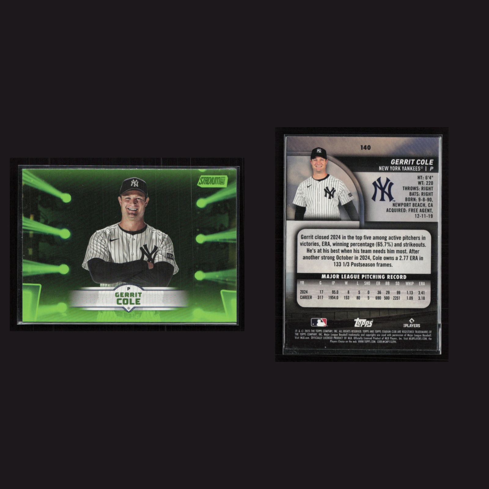 2025 Gerrit Cole #140 NM-MT Topps Stadium Club Green New York Yankees Baseball front and back scans. Card condition is Near Mint-Mint.