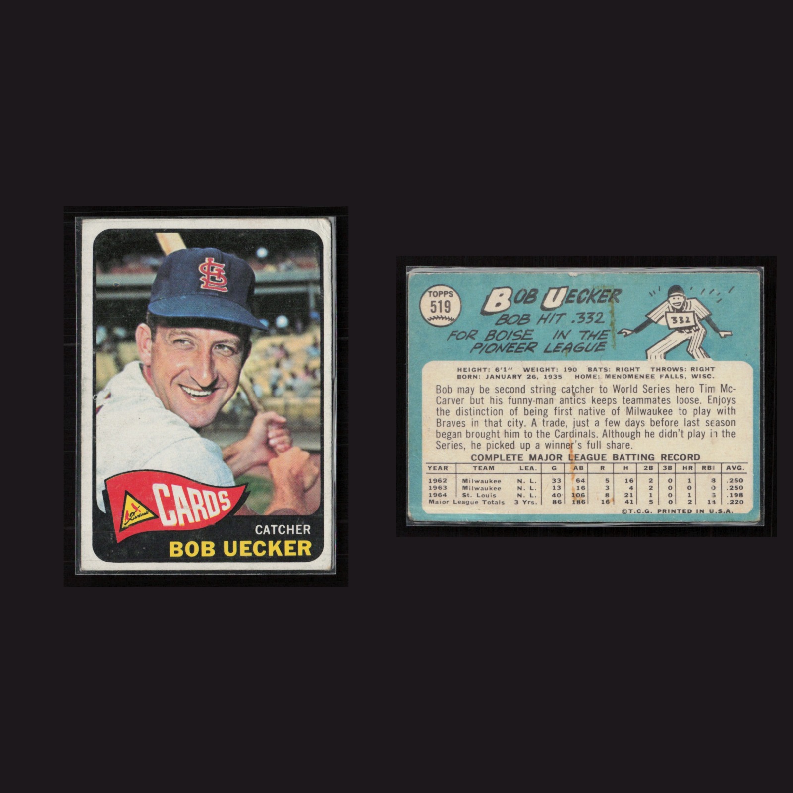 1965 Bob Uecker #519 VG-EX Topps St. Louis Cardinals Vintage Baseball Card MLB front and back scans. Card condition is Very Good-Excellent.