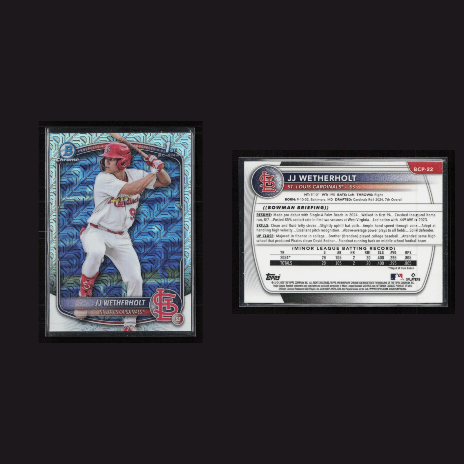 2025 JJ Wetherholt #BCP-22 NM-MT Bowman Chrome Prospects 1st Bowman Cardinals front and back scans. Card condition is Near Mint-Mint.