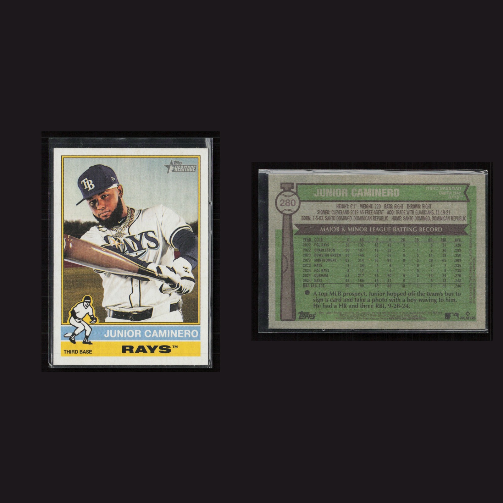 2025 Junior Caminero #280 NM-MT Topps Heritage Tampa Bay Rays Baseball Card MLB front and back scans. Card condition is Near Mint-Mint.