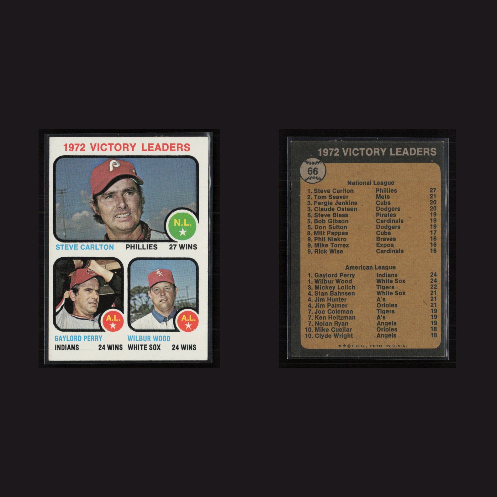 1973 Steve Carlton / Gaylord Perry / Wilbur Wood #66 EX Topps Vintage Baseball front and back scans. Card condition is Excellent+.