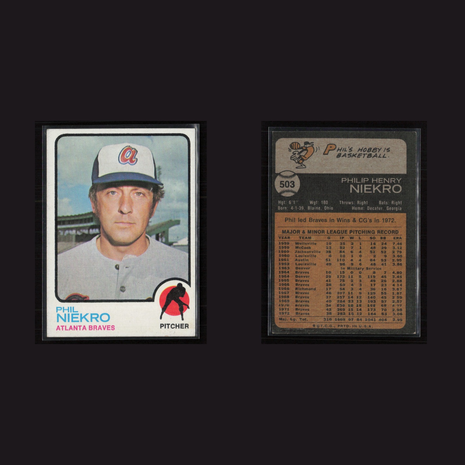 1973 Phil Niekro #503 EX Topps Atlanta Braves Vintage Baseball Card Set-Break front and back scans. Card condition is Excellent+.