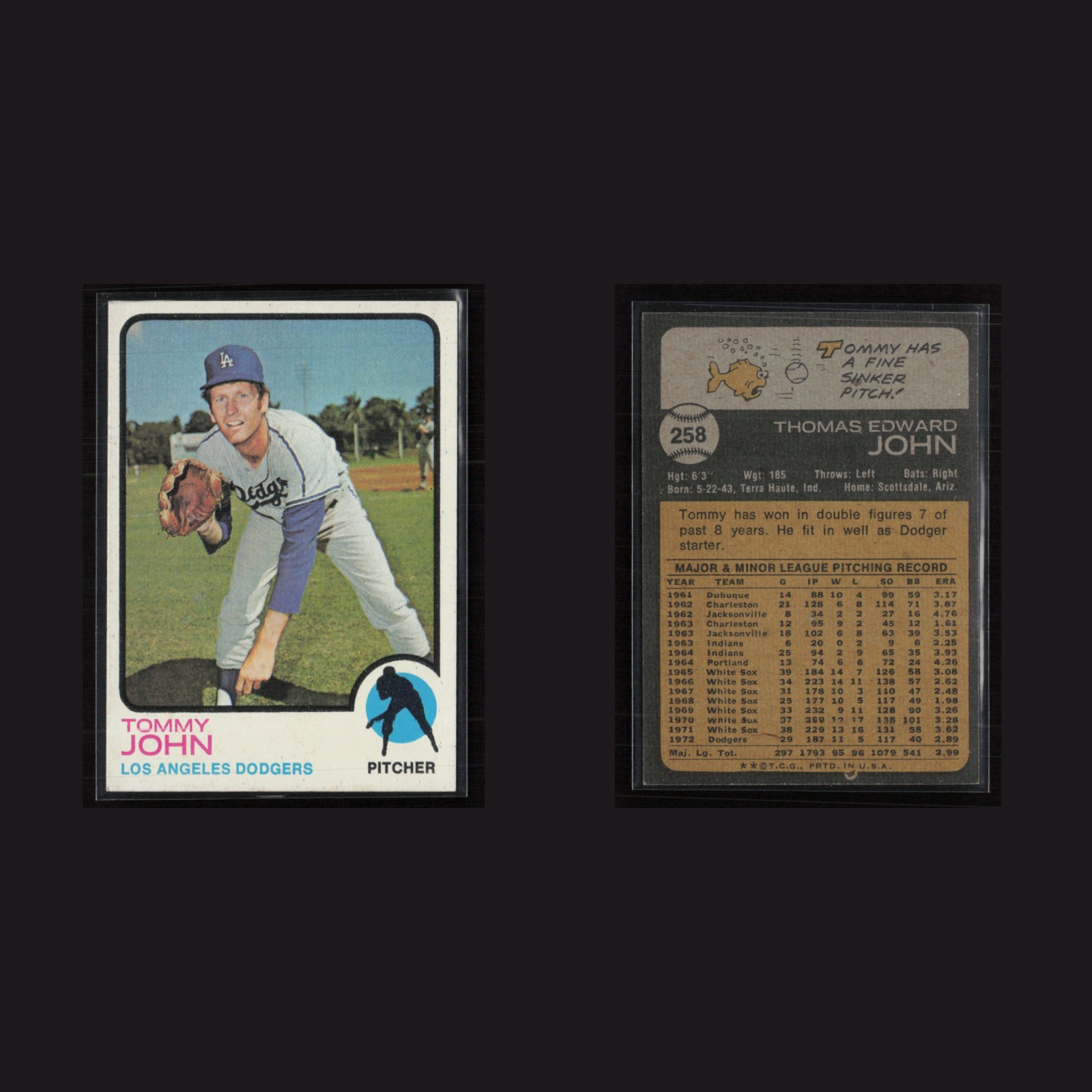1973 Tommy John #258 EX Topps Los Angeles Dodgers Vintage Baseball Card MLB front and back scans. Card condition is Excellent+.