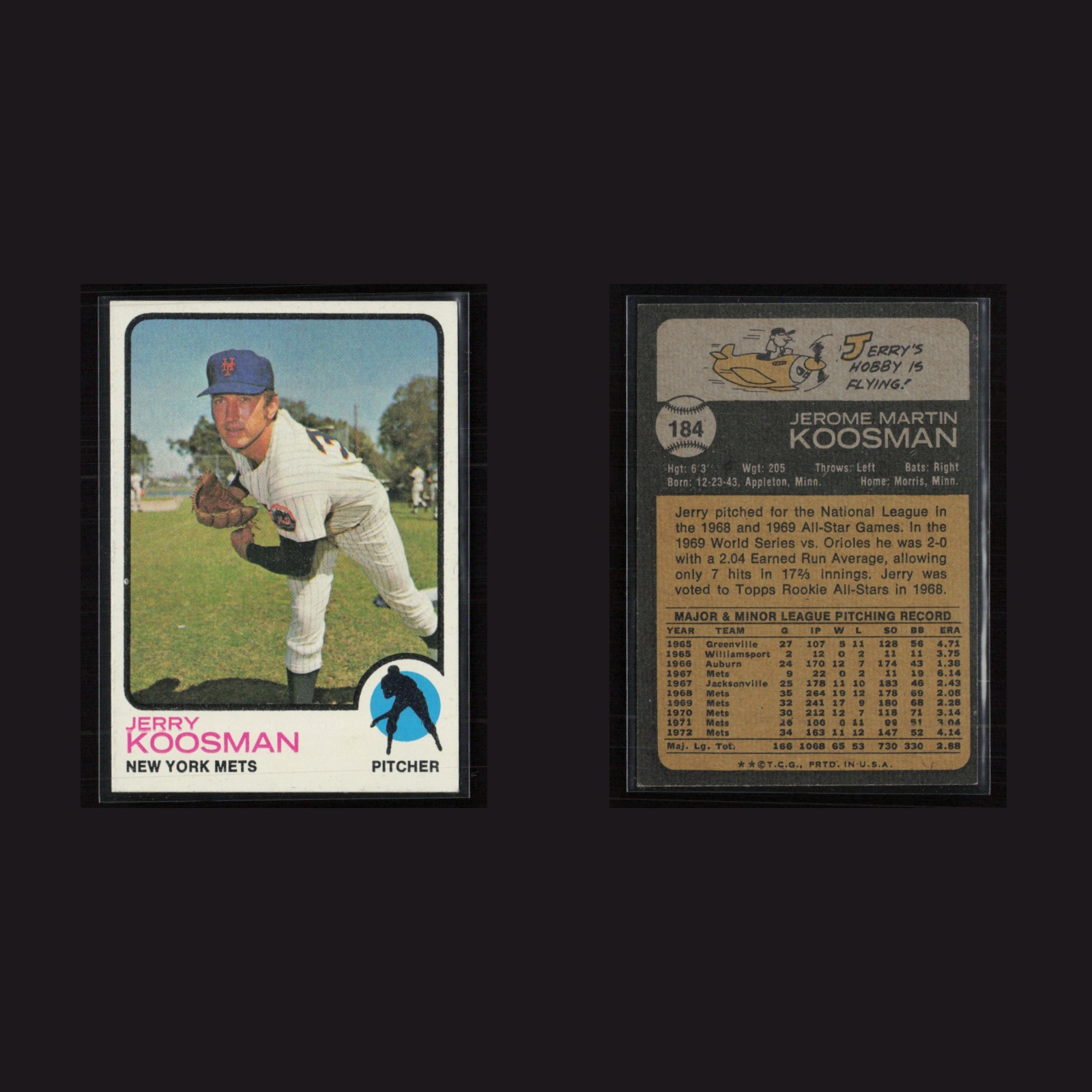 1973 Jerry Koosman #184 EX-EXMINT Topps New York Mets Vintage Baseball Card MLB front and back scans. Card condition is Excellent-Near Mint.