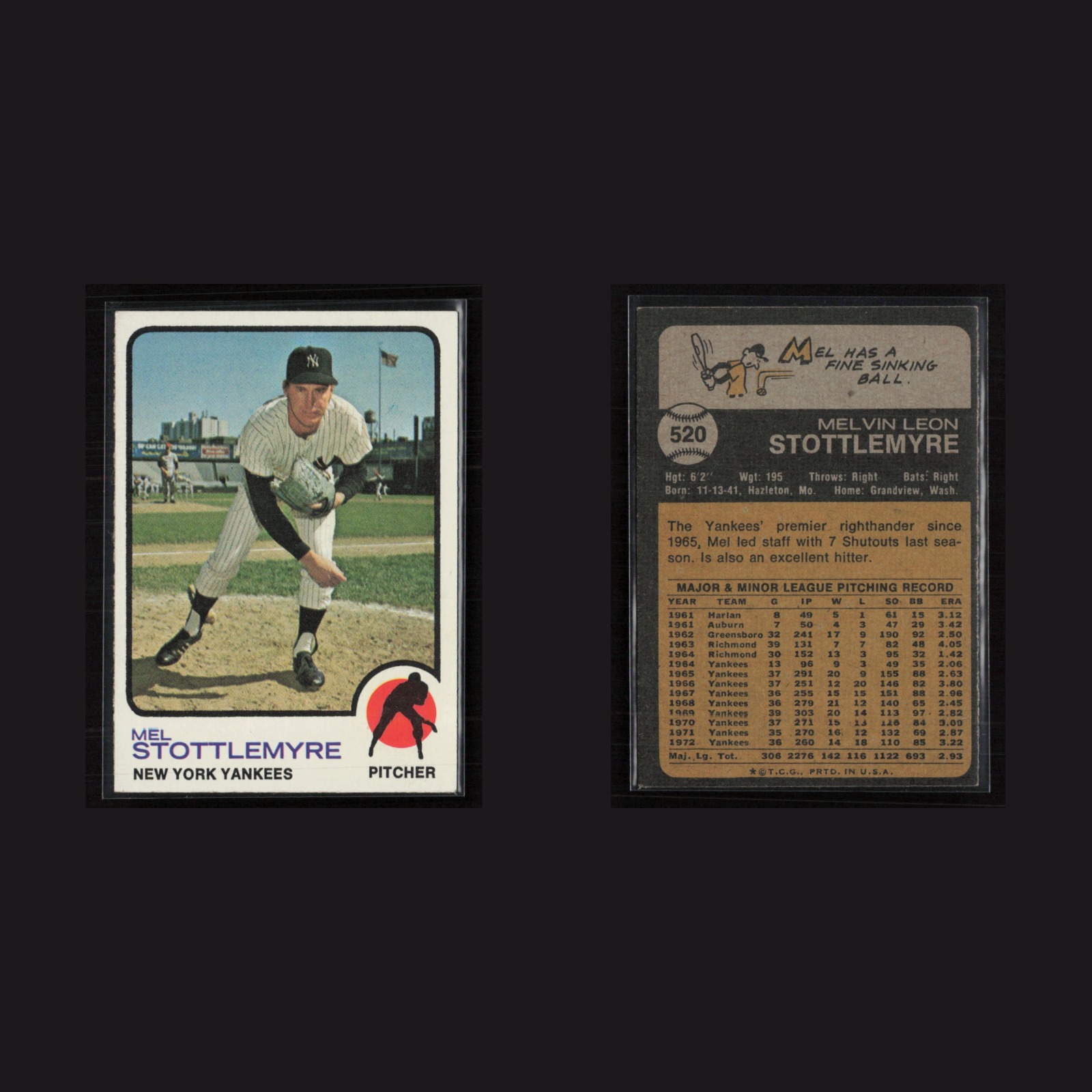 1973 Mel Stottlemyre #520 EX Topps New York Yankees Vintage Baseball Card MLB front and back scans. Card condition is Excellent+.