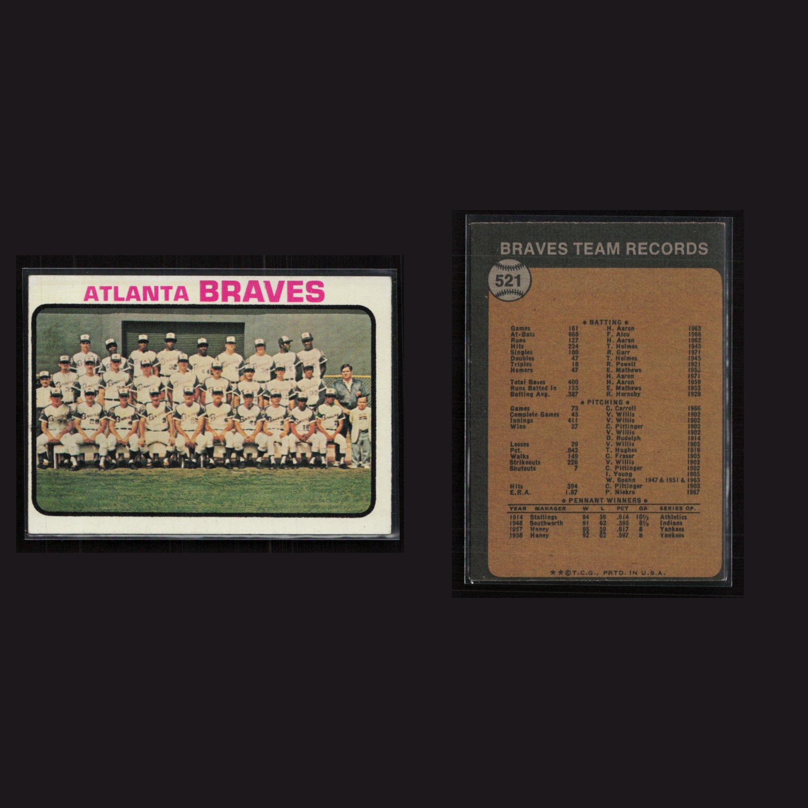 1973 Braves Team #521 EX Topps Atlanta Braves Vintage Baseball Card Set-Break front and back scans. Card condition is Excellent+.